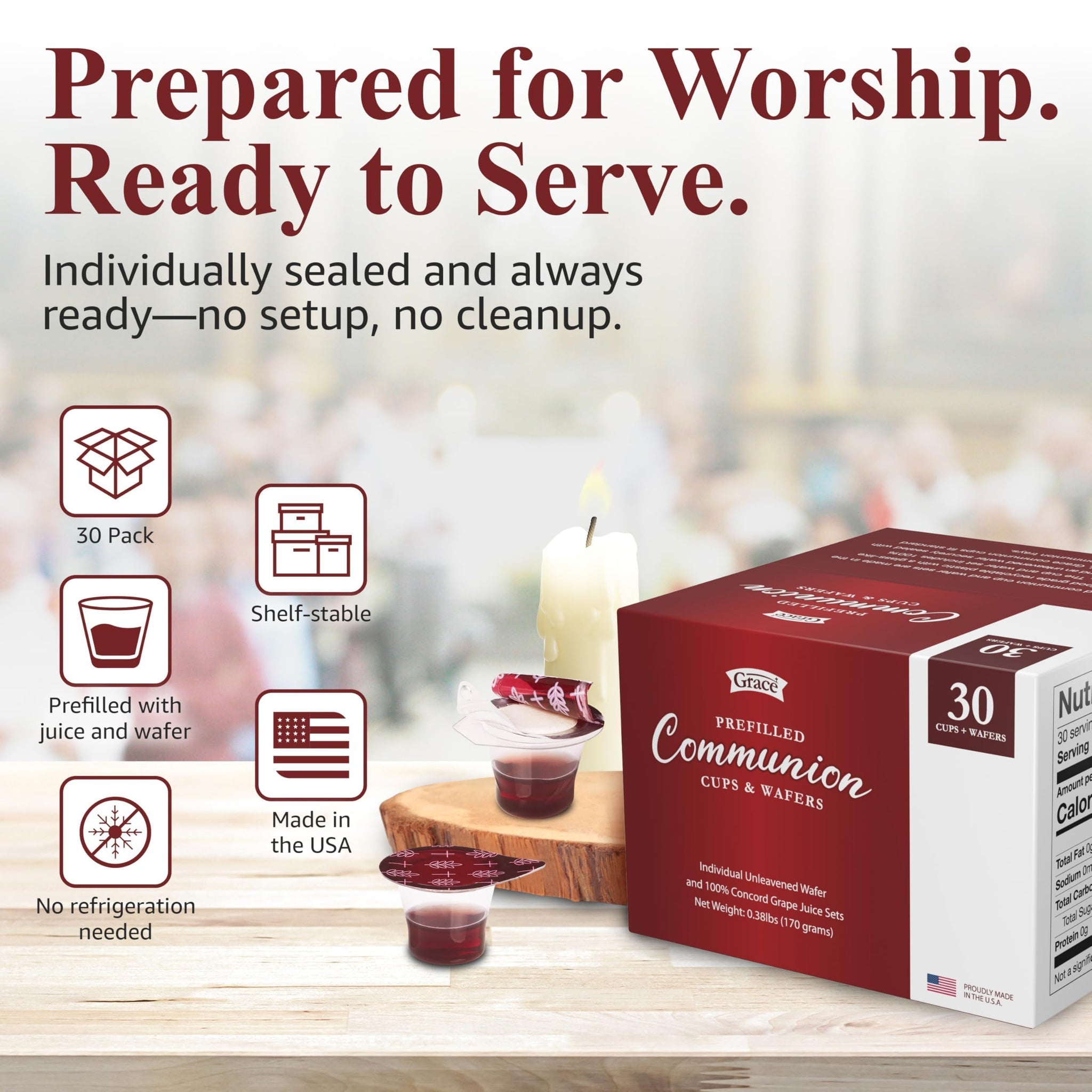 Prefilled Communion Cup and Wafer Set - Box of 30 Bread and Grape Juice for Holy Communion