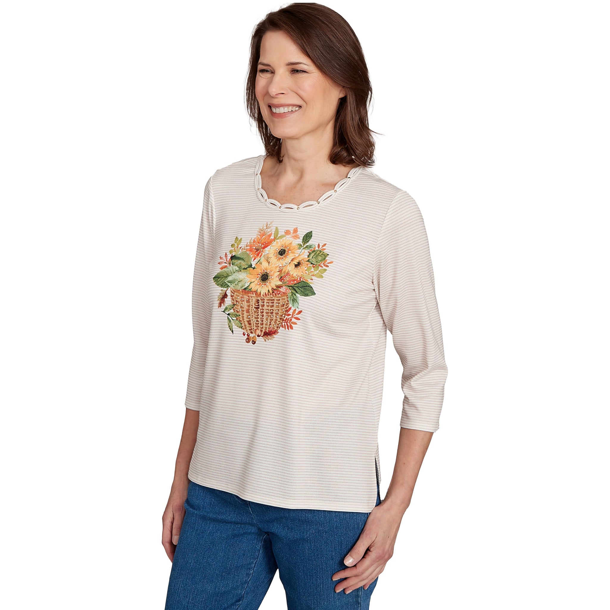 Alfred Dunner Women's Petite Harvest Basket Top Size PS Oatmeal Multi
