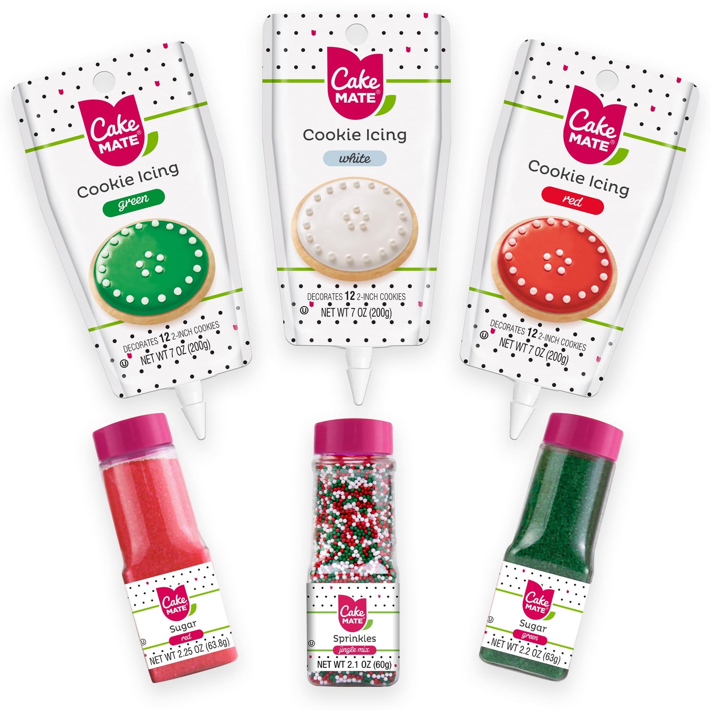 Cake Mate Christmas Cookie Decorating Kit - Red & Green Decorating Sugar (2.25 oz), White, Red & Green Cookie Icing Pouches (7 oz), Jingle Mix Non
