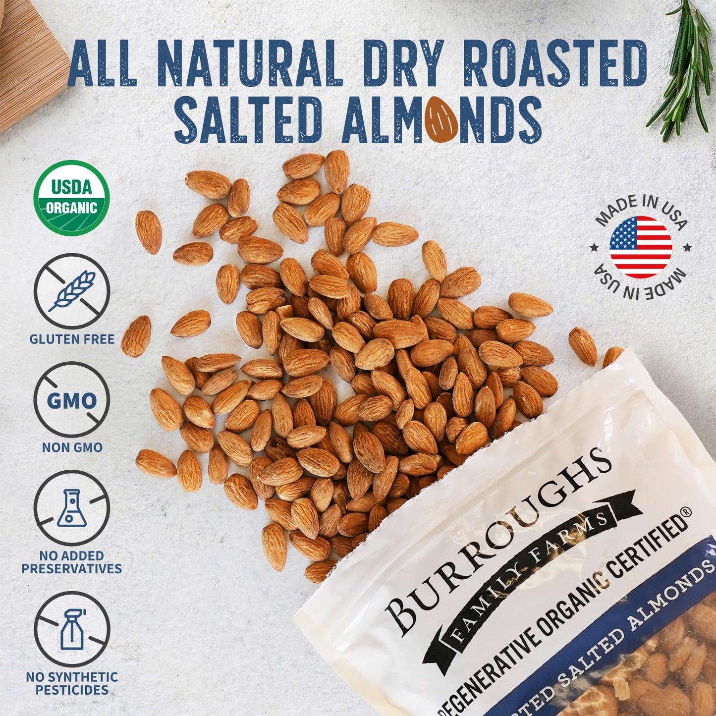 Burroughs Family Farms Roasted Salted Almonds 3 lb, Regenerative Organic and USDA Organic Certified, No Added Oils, Lightly Salted & Perfectly Dry