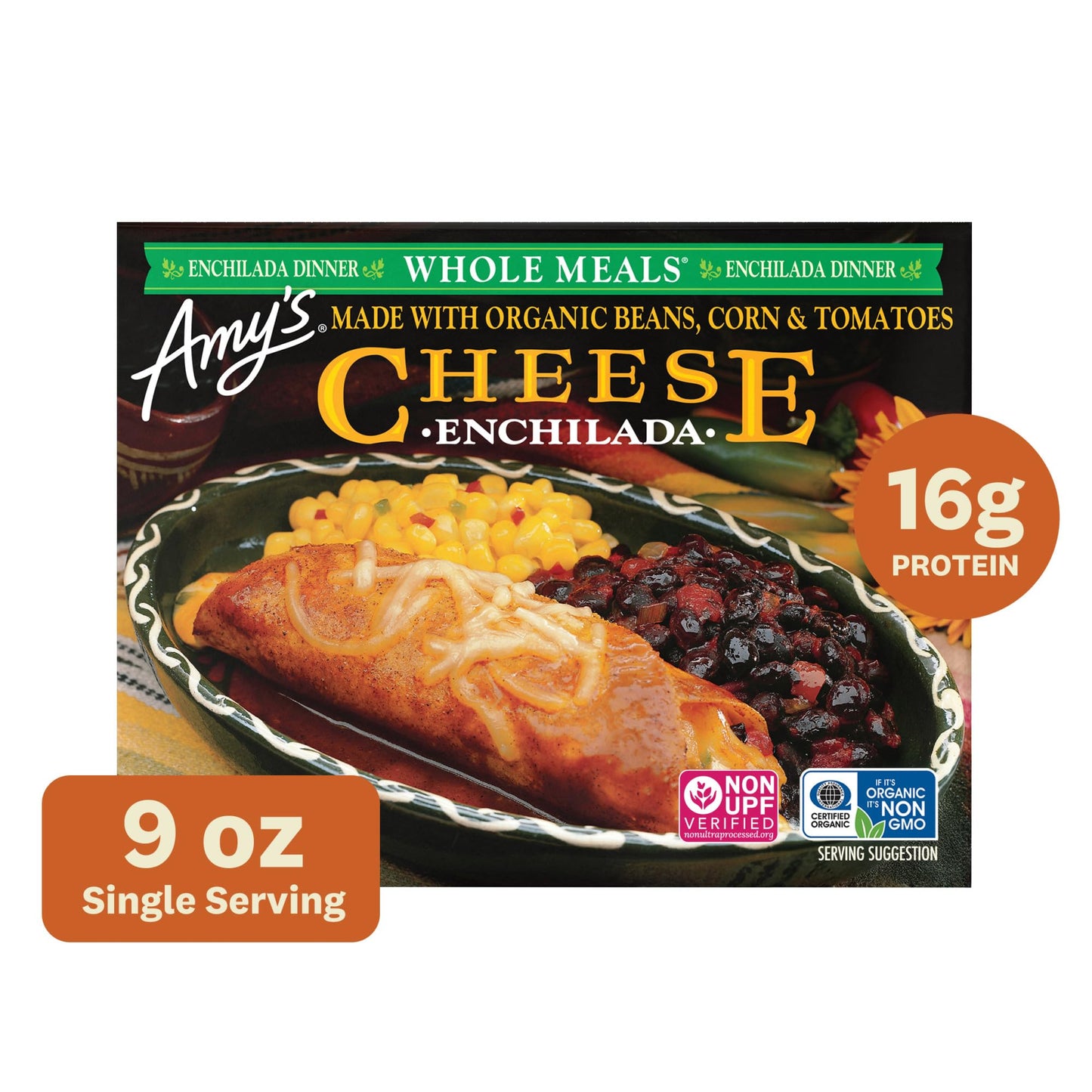 Amy's Frozen Meals, Cheese Enchilada Whole Meal, Made With Organic Corn and Tomatoes, Gluten Free Microwave Meals, 9 Oz