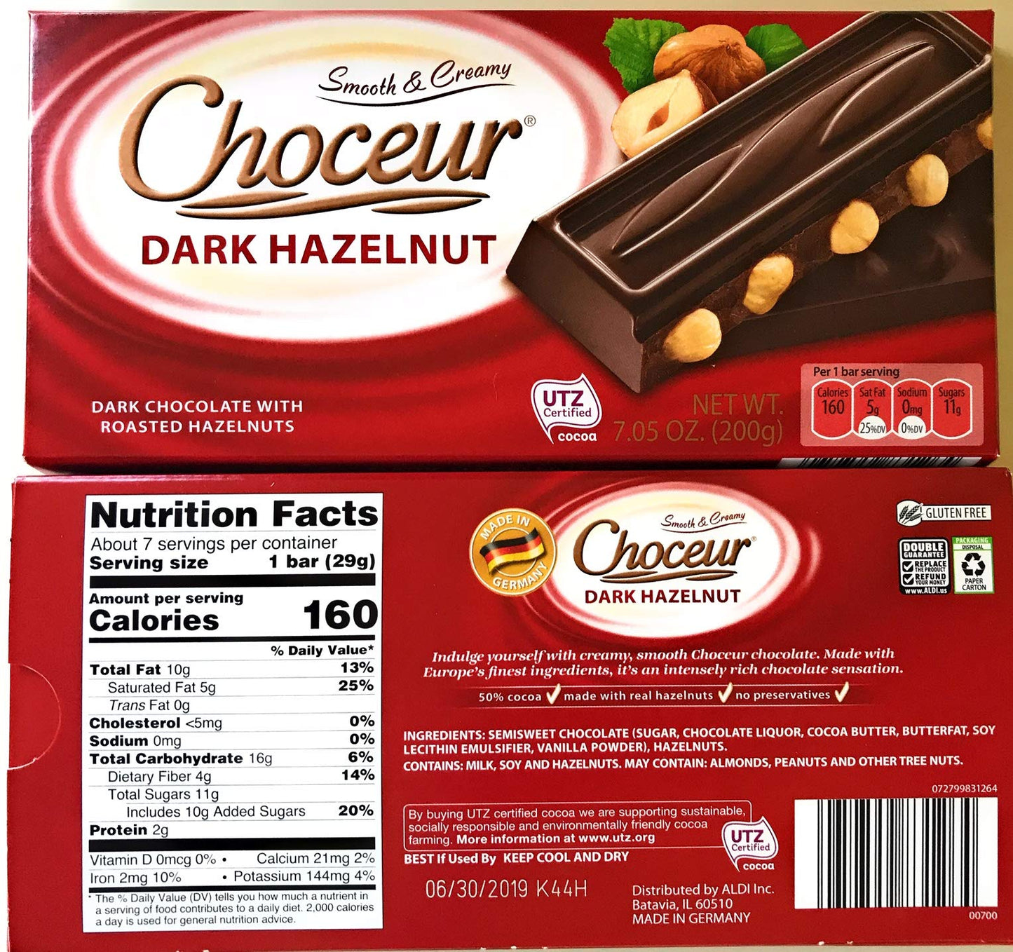 Choceur Dark Chocolate with Roasted Hazelnuts 7.05 oz (Pack of 2)