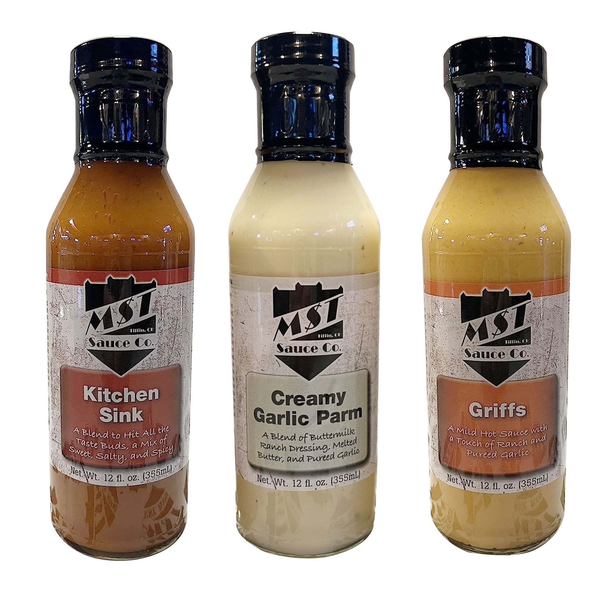 MST Sauce Co. 3 Pack Bundles (Kitchen Sink, Creamy Garlic Parm, Griffs) Kitchen Sink Wing Sauce, Griffs Bufflao Wing Sauce, Creamy Garlic Parm Ranch
