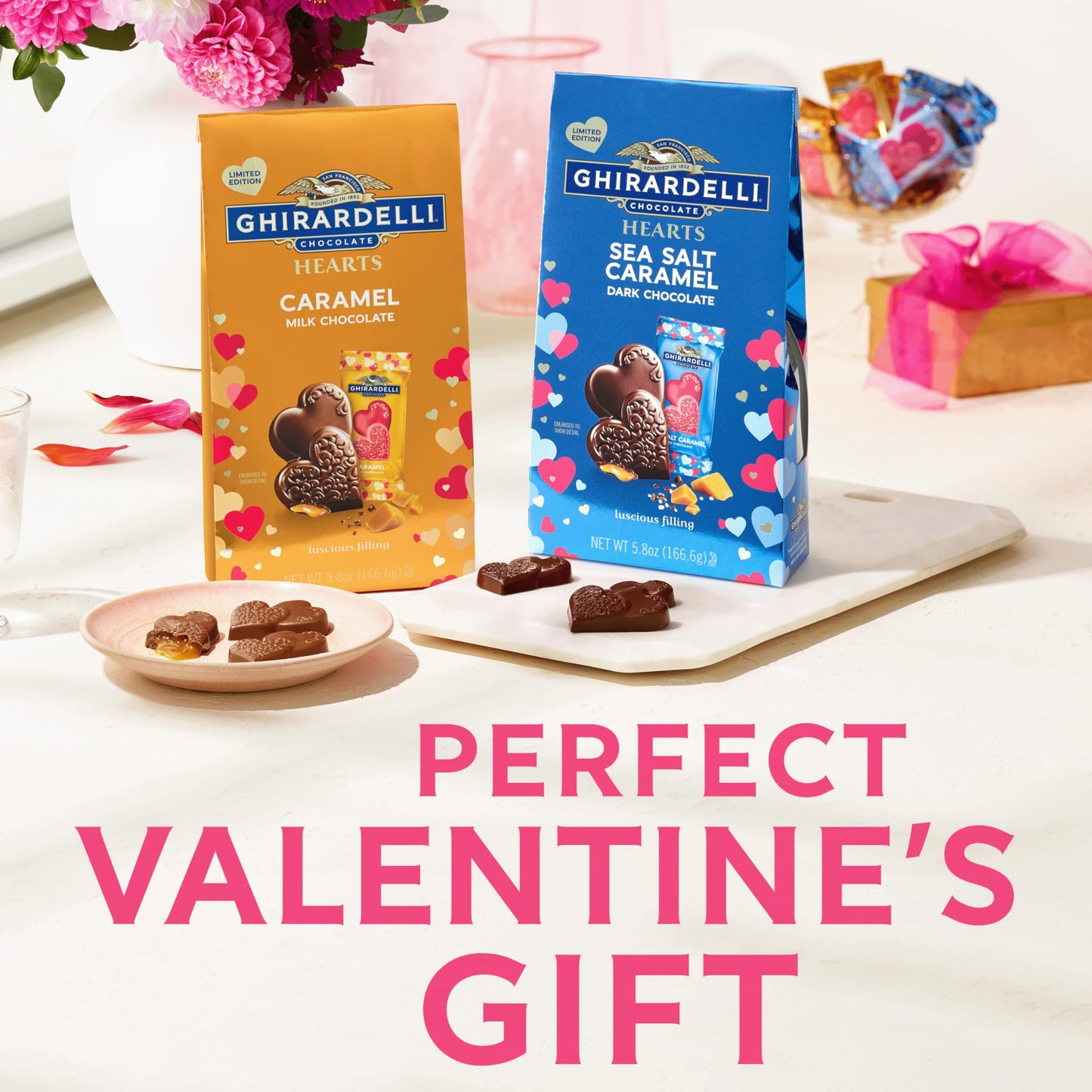 GHIRARDELLI Dark Chocolate Sea Salt Caramel Hearts, 5.8 oz Bag - Valentine’s Candy with Rich Caramel Filling