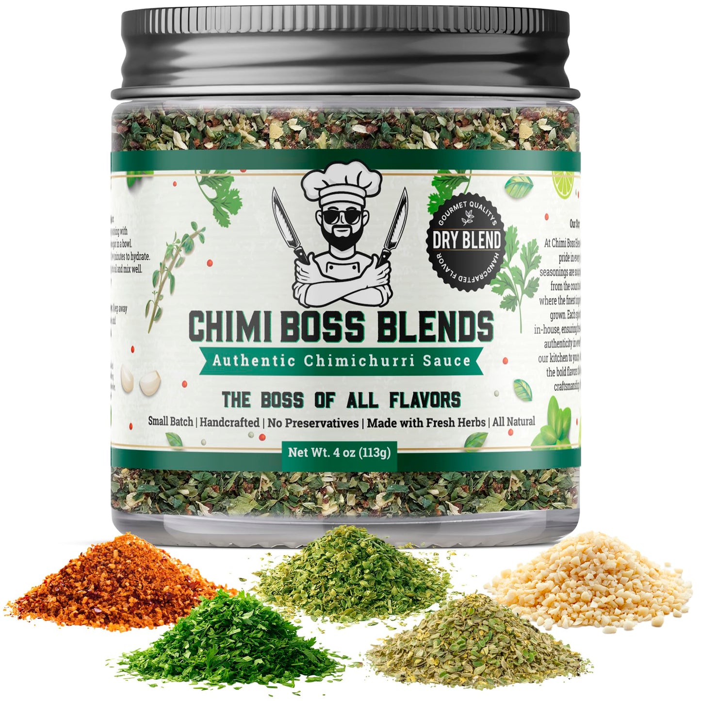 Chimi Boss Blends Chimichurri Original Dry Seasoning, 4 oz - Argentinian Herb & Garlic Rub with Parsley & Chili Flakes - All Natural Seasoning or DIY