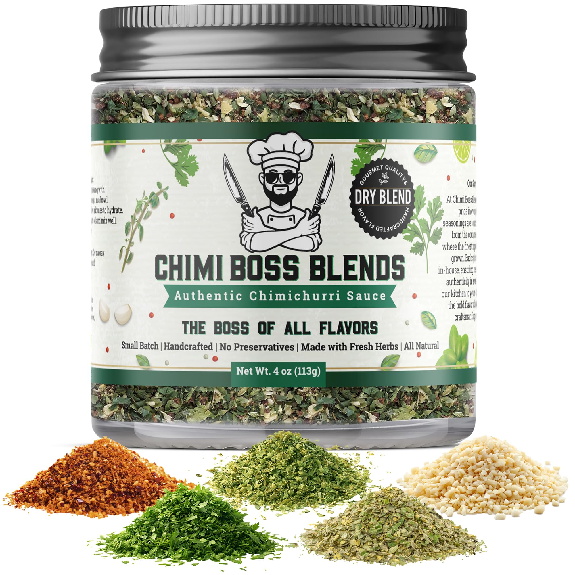 Chimi Boss Blends Chimichurri Original Dry Seasoning, 4 oz - Argentinian Herb & Garlic Rub with Parsley & Chili Flakes - All Natural Seasoning or DIY