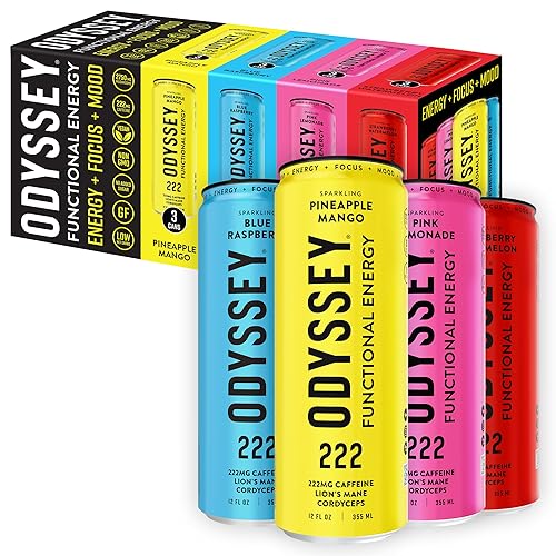 Odyssey Functional Energy Drink for Focus, Cognition & Mood Support 12 Pack - Adaptopgenic Drink with 222mg Green Tea Caffeine, Lion’s Mane