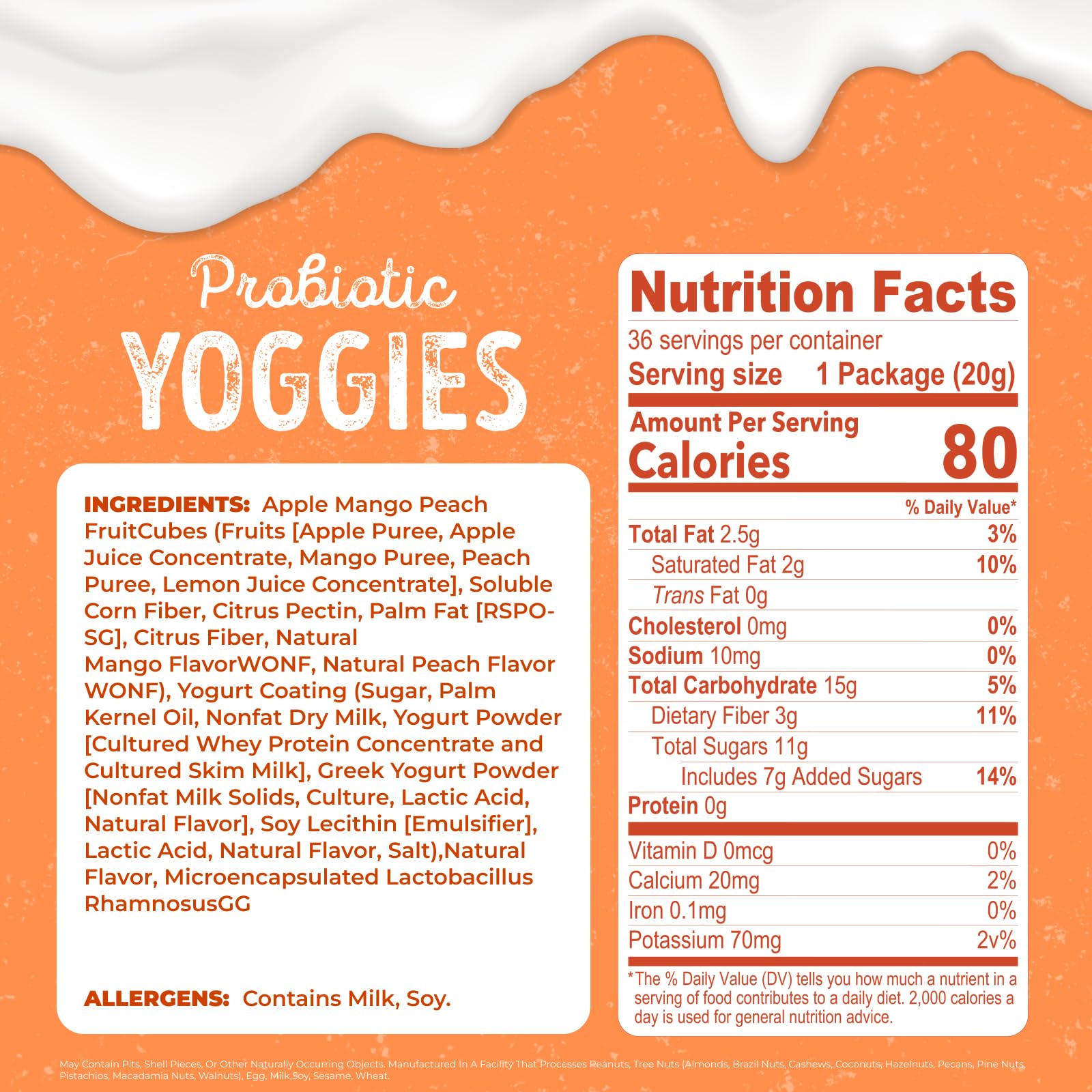 Nature's Garden Probiotic Mango Peach Yoggies, 25.3oz (36 x 0.7oz) - Yogurt Covered Fruit Snack, High Fiber, Real Fruit Pieces, Fruit Snack Packs