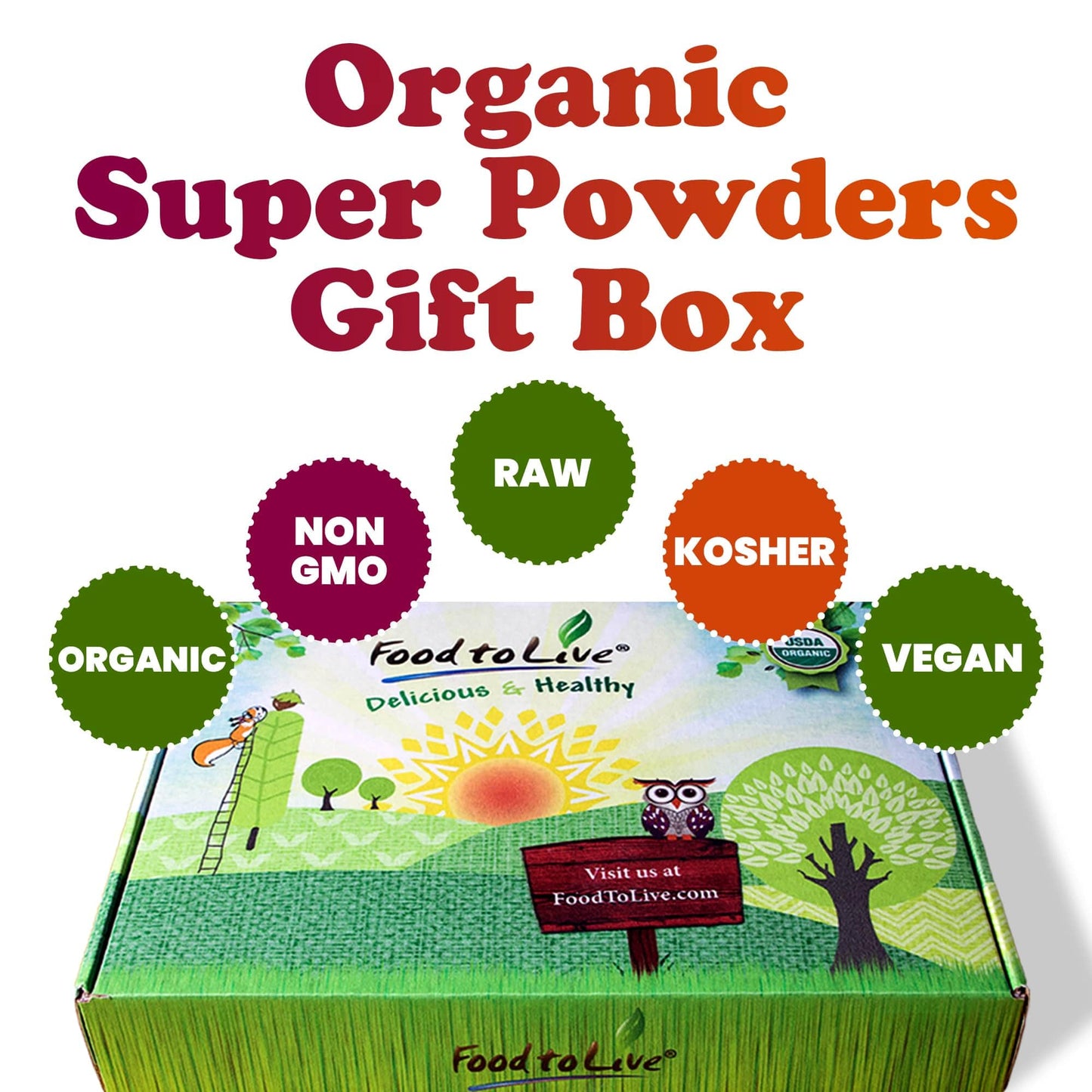 Food to Live Organic Super Powders in a Gift Box - Acai Berry Powder, Goji Berry Powder, Sacha Inchi Powder, Maca Powder, Mesquite Powder