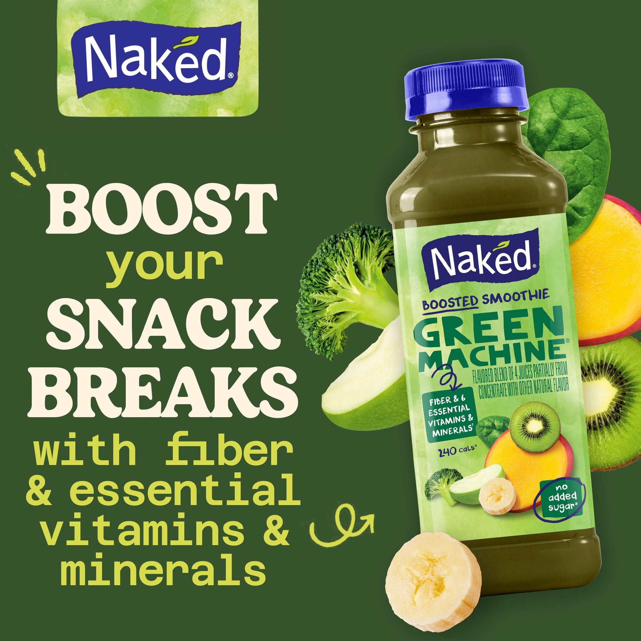 Naked Boosted Smoothie Green Machine, 15.2 fl oz Bottle - Real Fruit Juice Smoothie with Fiber, Excellent Source of Vitamin C and Vitamin E for Immune