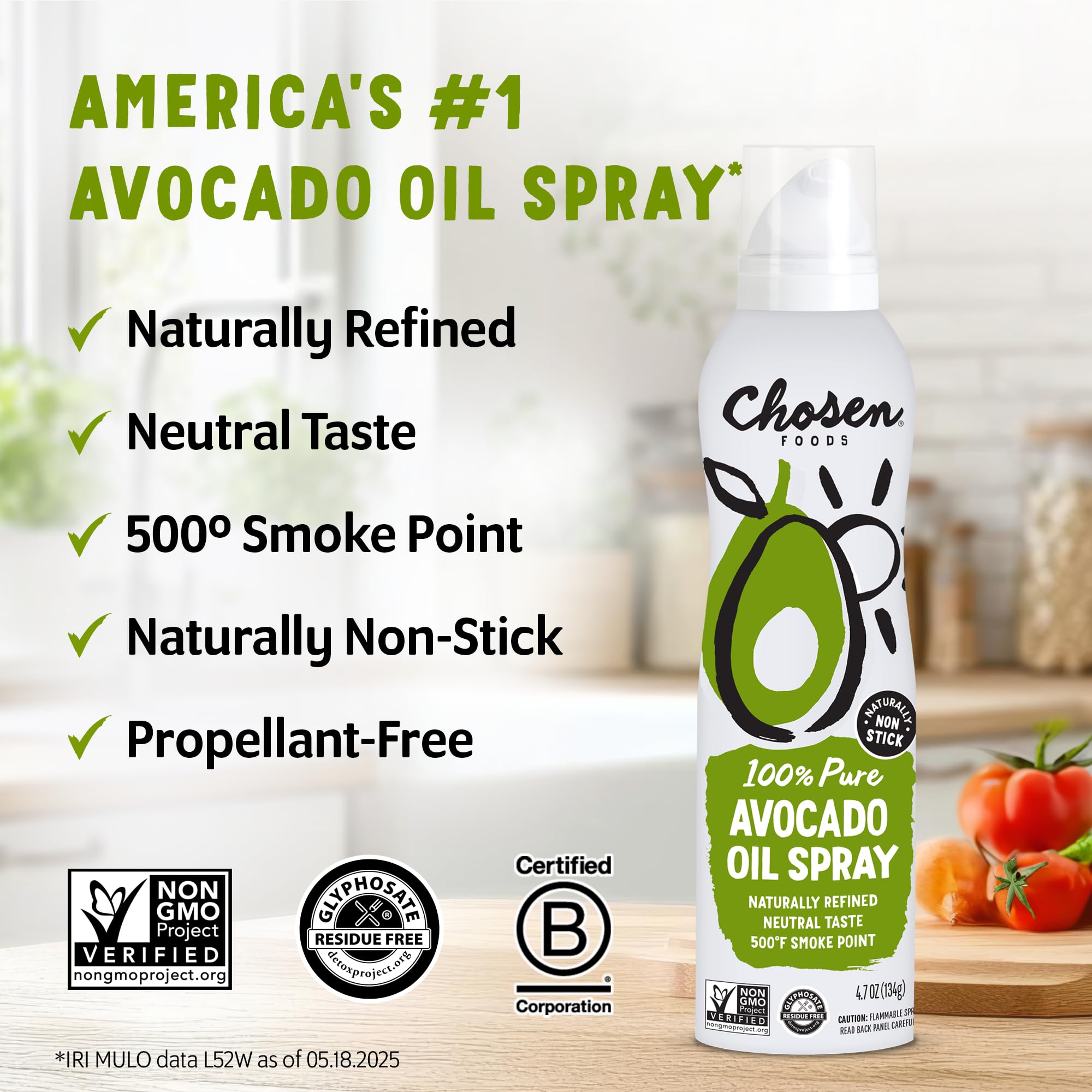 Chosen Foods 100% Pure Avocado Oil Spray, Keto Diet Friendly, Kosher Cooking Spray for Baking, High-Heat Cooking and Frying (13.5 oz, 2 Pack) + Recipe eBook