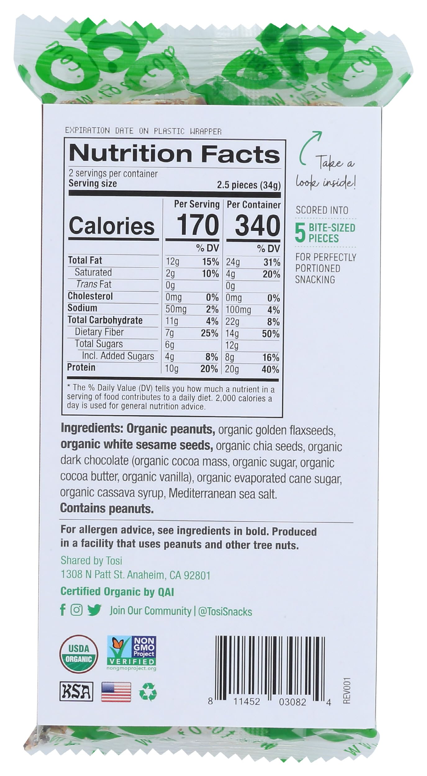 Tosi, Superbites Peanut Dark Chocolate Organic, 2.4 Ounce