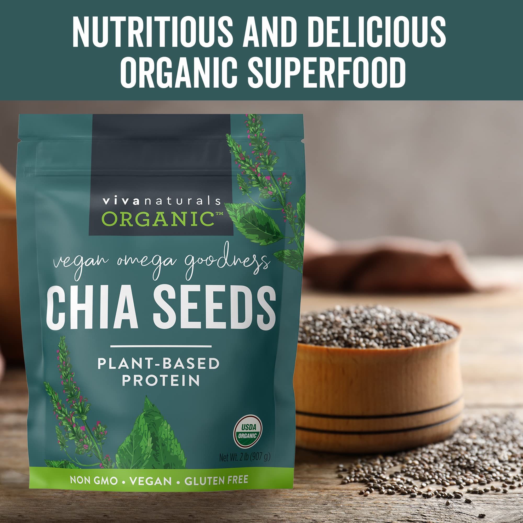 Viva Naturals Organic Chia Seeds, 2 lb, 32 Oz - Plant-Based Omega-3 and Vegan Protein, Gluten Free & Non-GMO, Perfect for Smoothies, Salads & Chia