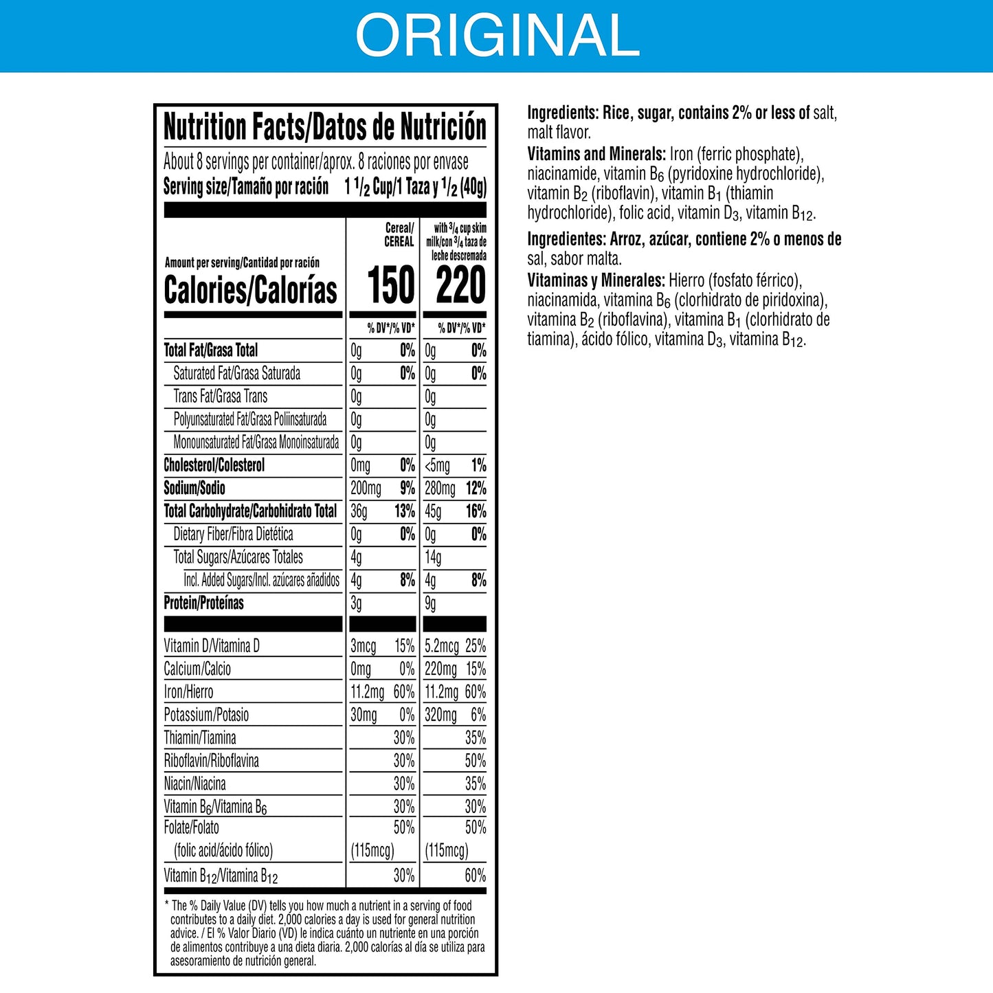 Kellogg's Rice Krispies Cold Breakfast Cereal, 8 Vitamins and Minerals, Rice Krispies Treats, Large Size, Original, 12Oz Box (1 Box)