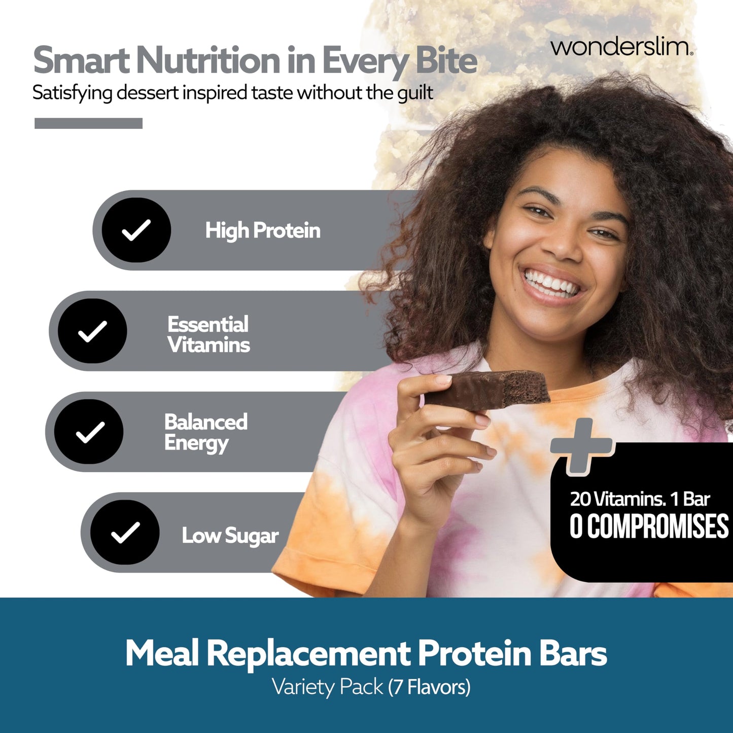 WonderSlim Meal Replacement Protein Bar, Variety Pack, 15g Protein, 20 Vitamins & Minerals (7ct)