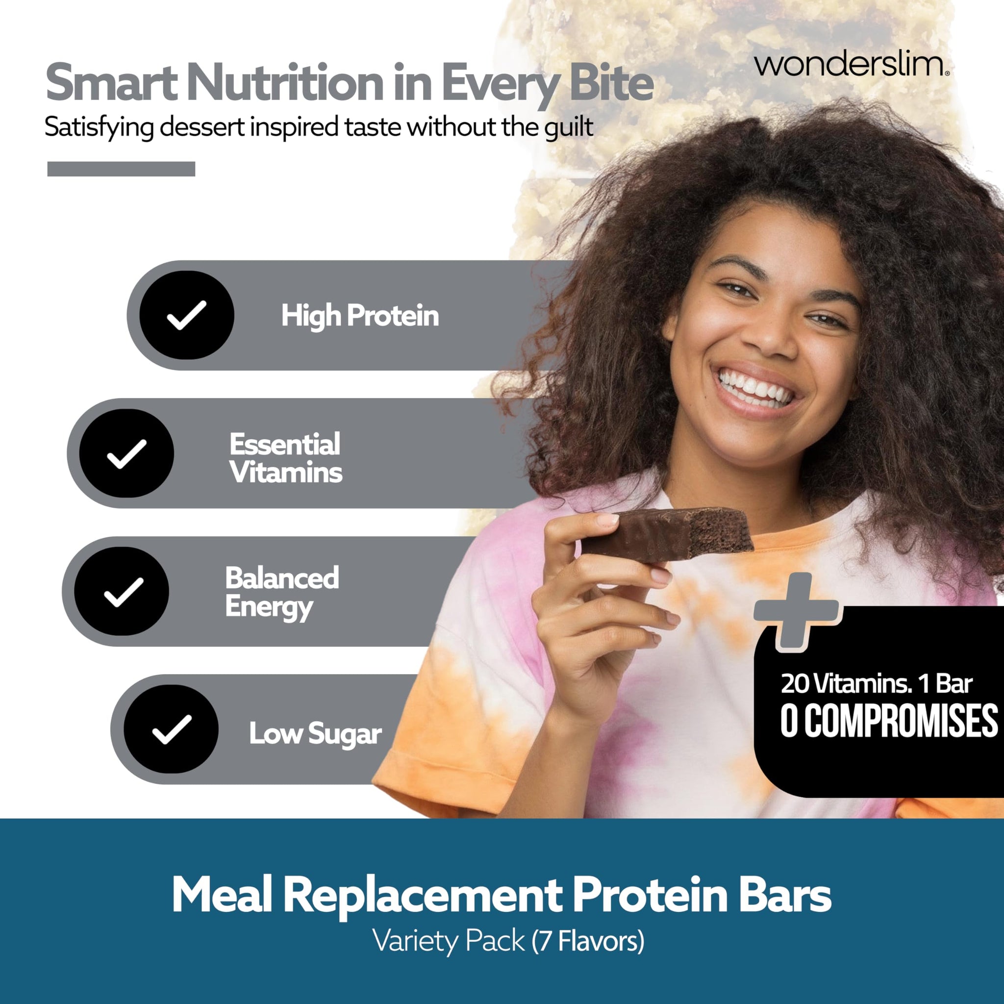WonderSlim Meal Replacement Protein Bar, Variety Pack, 15g Protein, 20 Vitamins & Minerals (7ct)