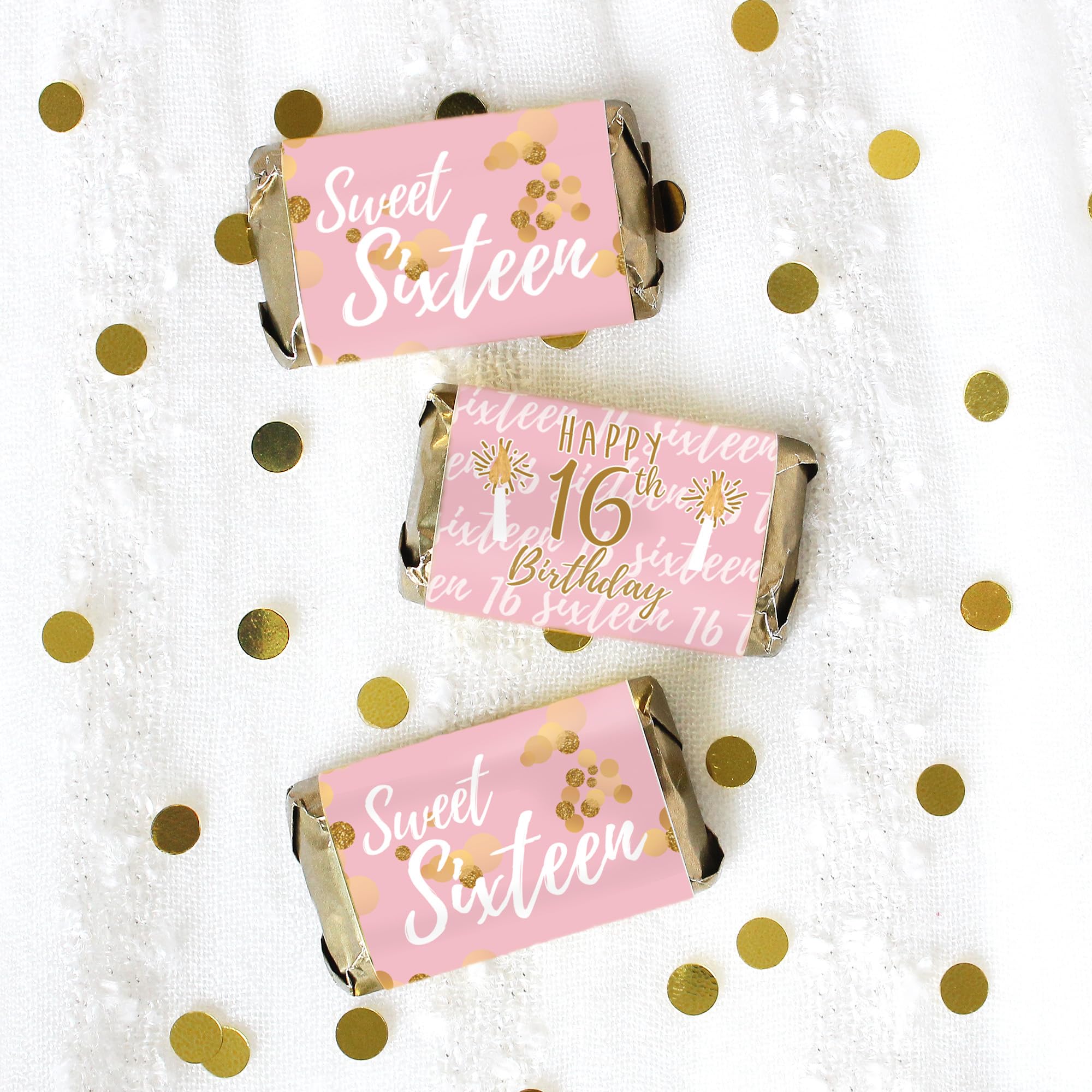 DISTINCTIVS Pink and Gold Sweet 16 Mini Candy Bar Wrappers - 42 Count - Sweet Sixteen Birthday Party Favors for Girls