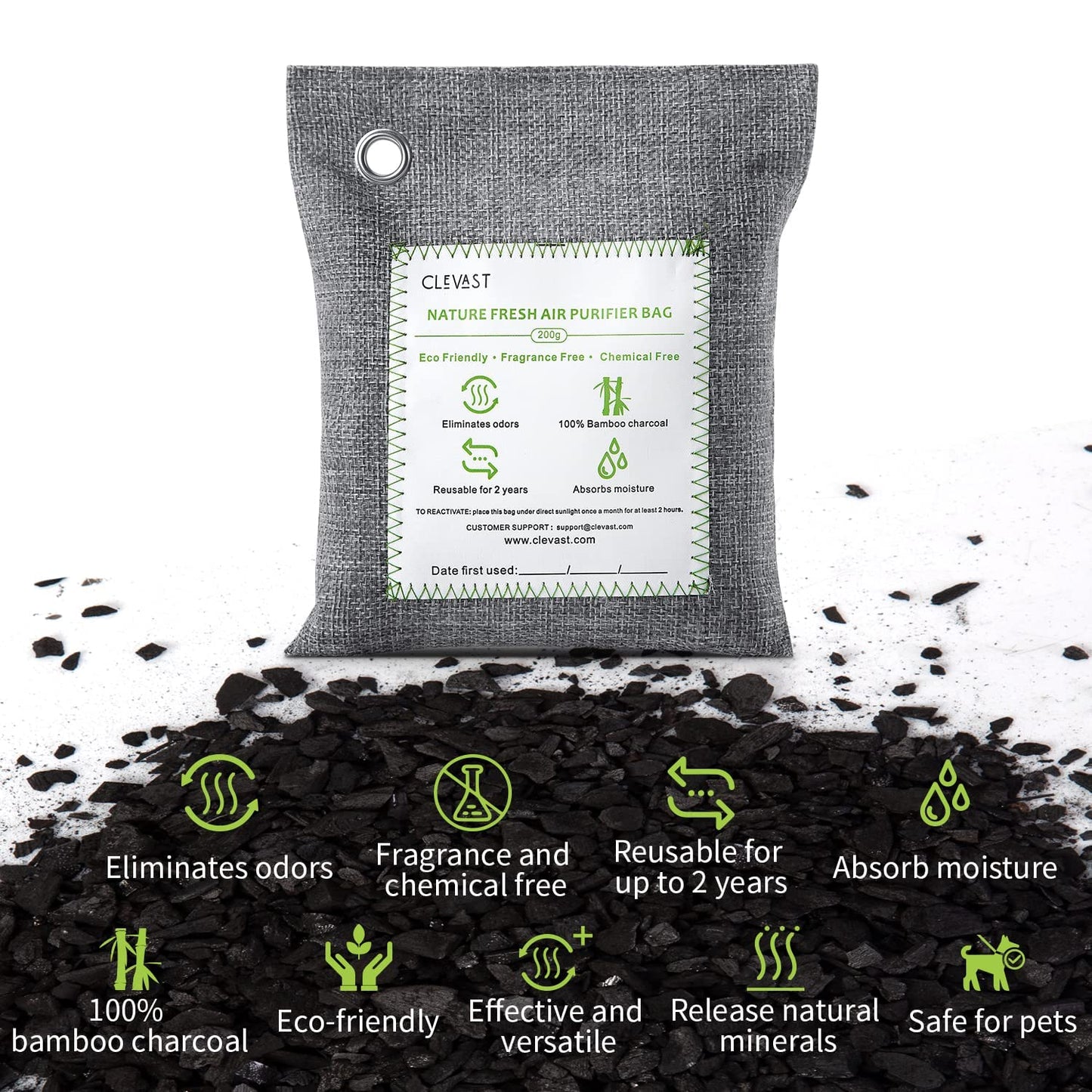 CLEVAST Bamboo Charcoal Air Purifying Bags - (Large, 4×200g), Removes Odors and Moisture, Nature Fresh Air Purifier Bags, Odor Eliminator for Home