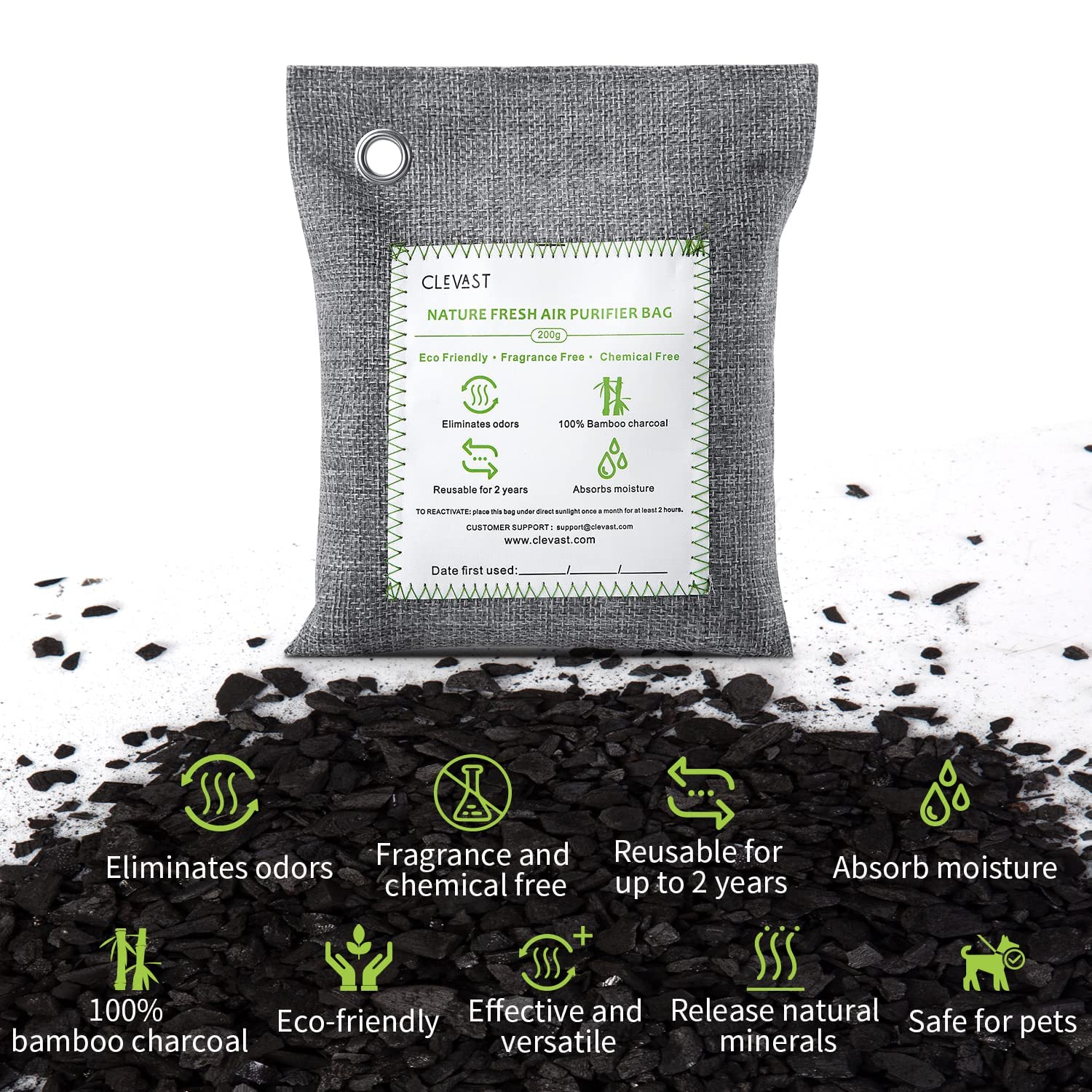 CLEVAST Bamboo Charcoal Air Purifying Bags - (Large, 4×200g), Removes Odors and Moisture, Nature Fresh Air Purifier Bags, Odor Eliminator for Home