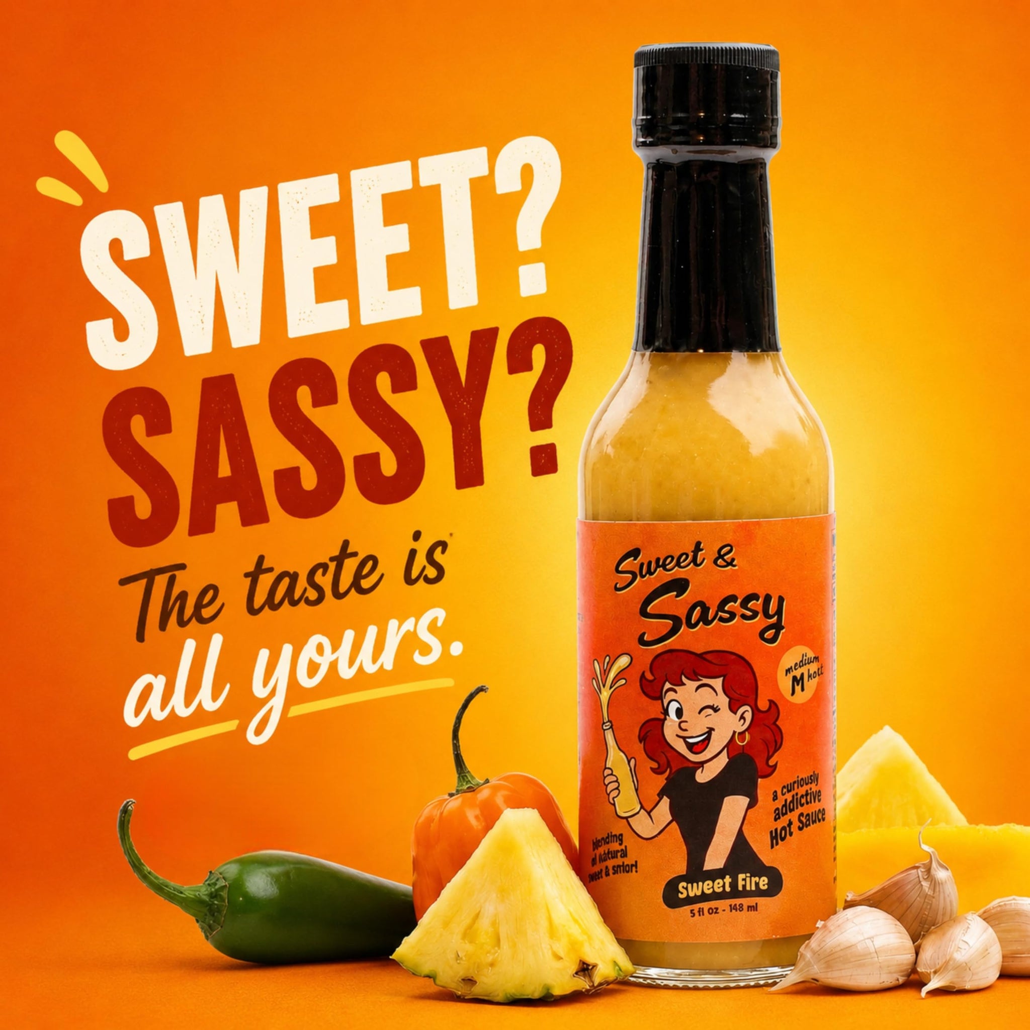 Sweet & Sassy Sweet Fire Hot Sauce, 5 oz (1), Bold Flavor & Balanced Heat with Pineapple, Sweet Mango & Fresh Garlic| Premium, Small-Batch Crafted in