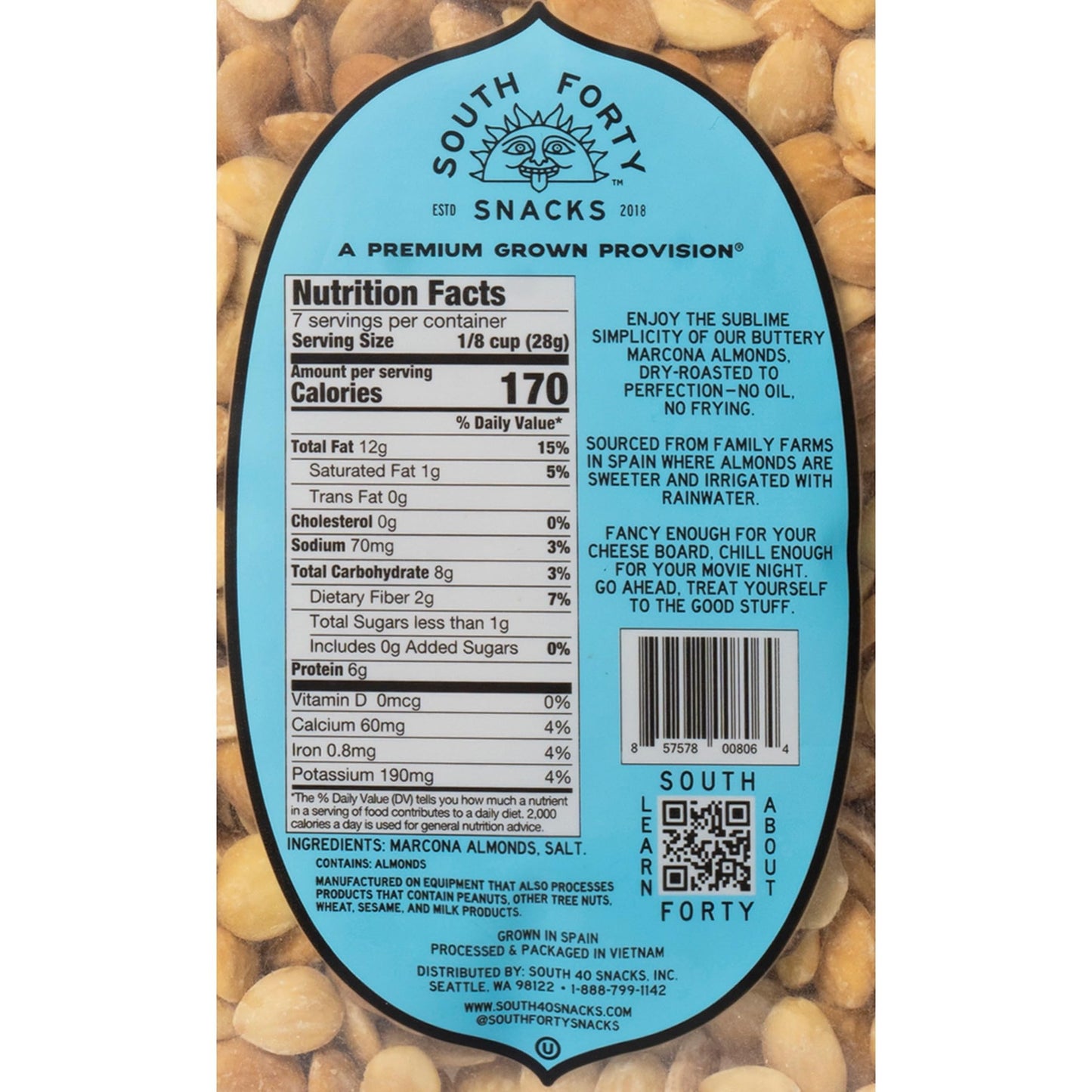South 40 Snacks Dry Roasted Salted Marcona Almonds (6.5oz bag, pack of 4)