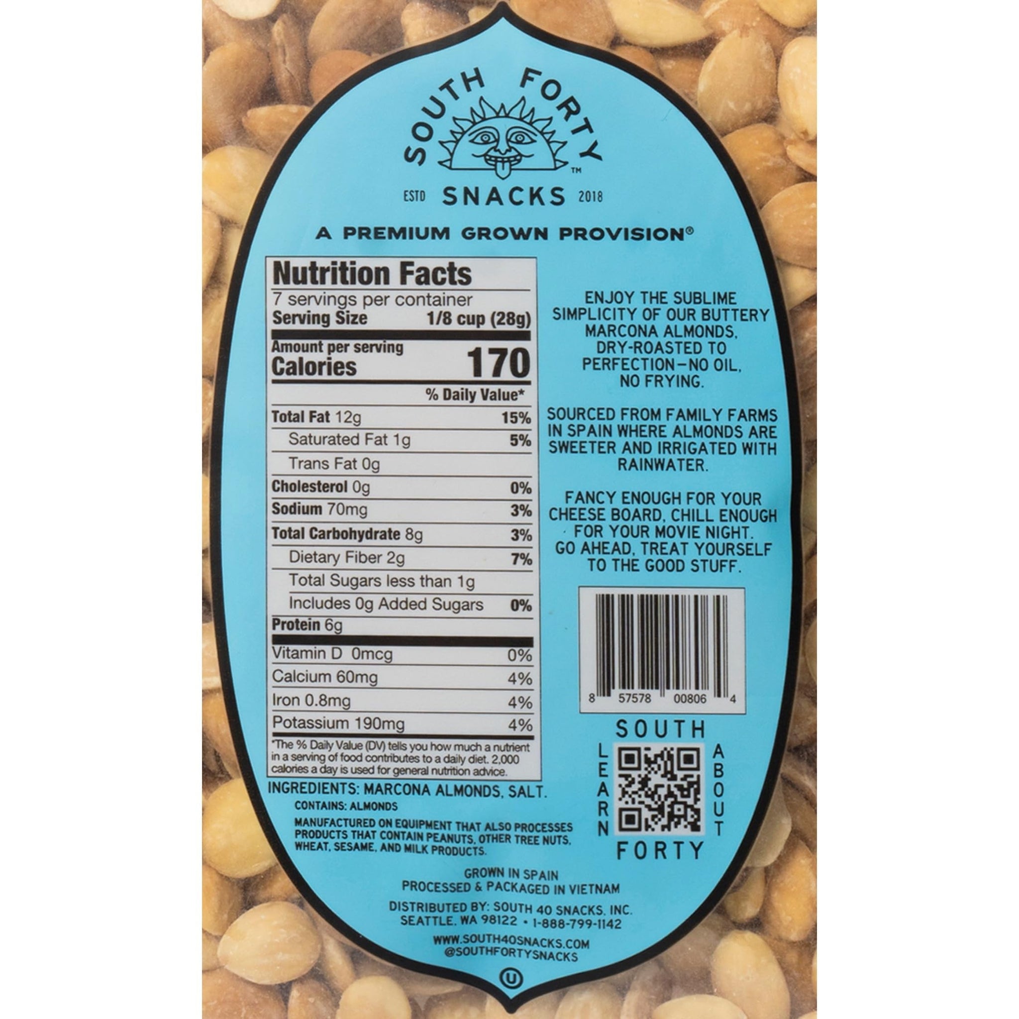 South 40 Snacks Dry Roasted Salted Marcona Almonds (6.5oz bag, pack of 4)
