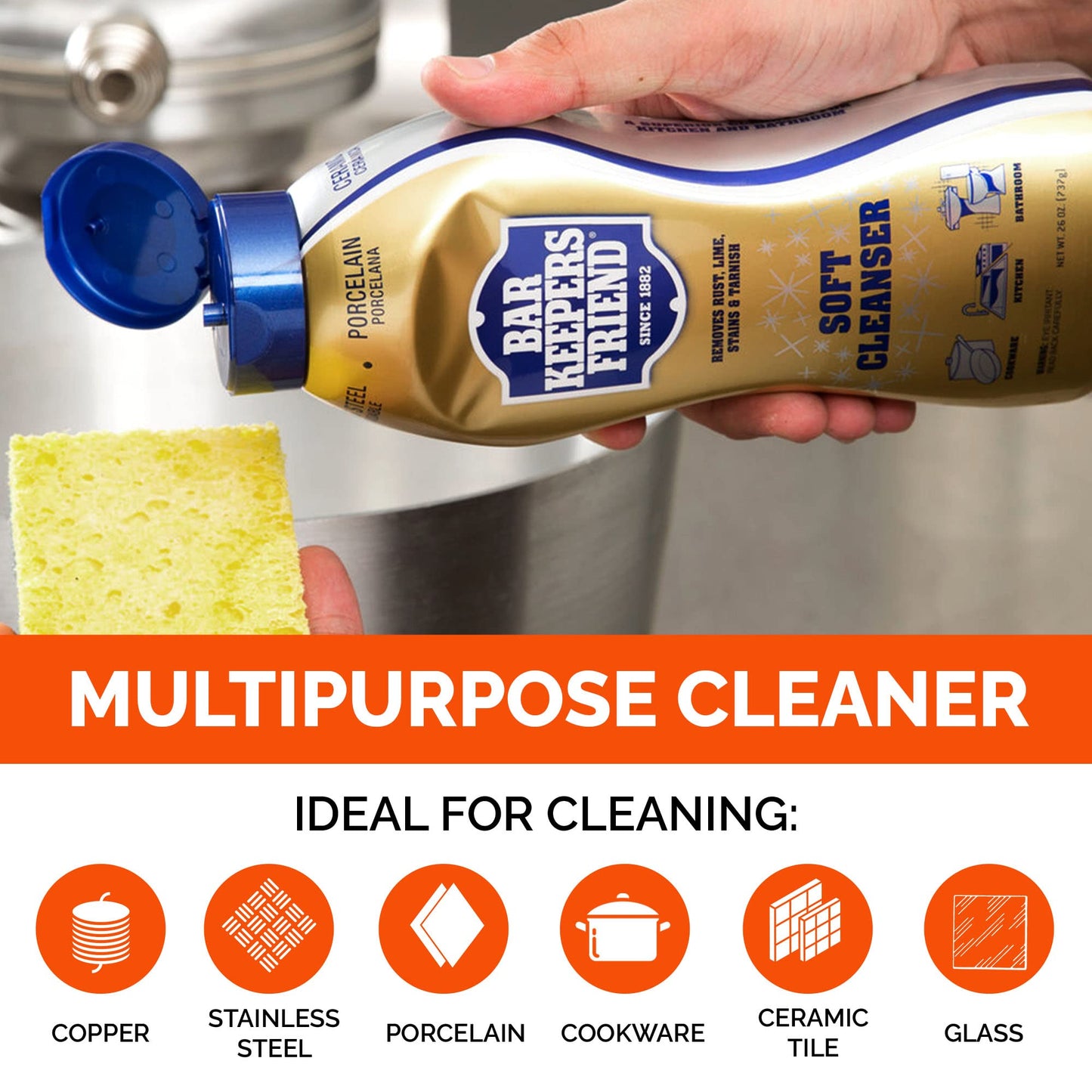 BAR KEEPERS FRIEND Cleanser Trio - Mega Bundle (21 Oz Cleanser and Polish Powder | 26 Oz Liquid Soft Cleanser | 13 Oz Cooktop Cleaner) Plus 1 Foxtrot