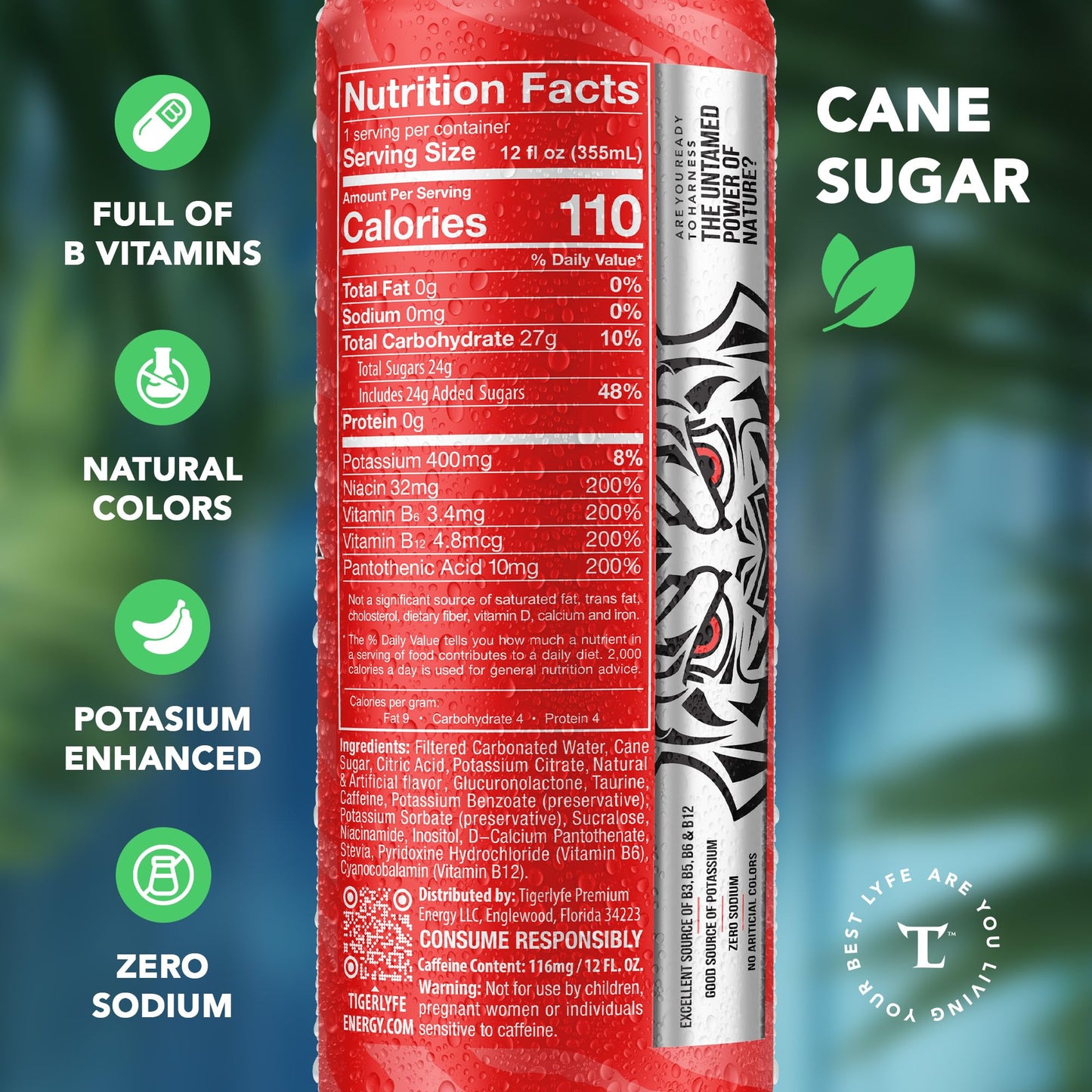 TIGERLYFE Energy Drink 12 Pack, 12oz Slim Cans, Energy Drinks Bulk with 24g Cane Sugar, 110 Calories Energy Drink for Energy & Focus, Zero Calorie