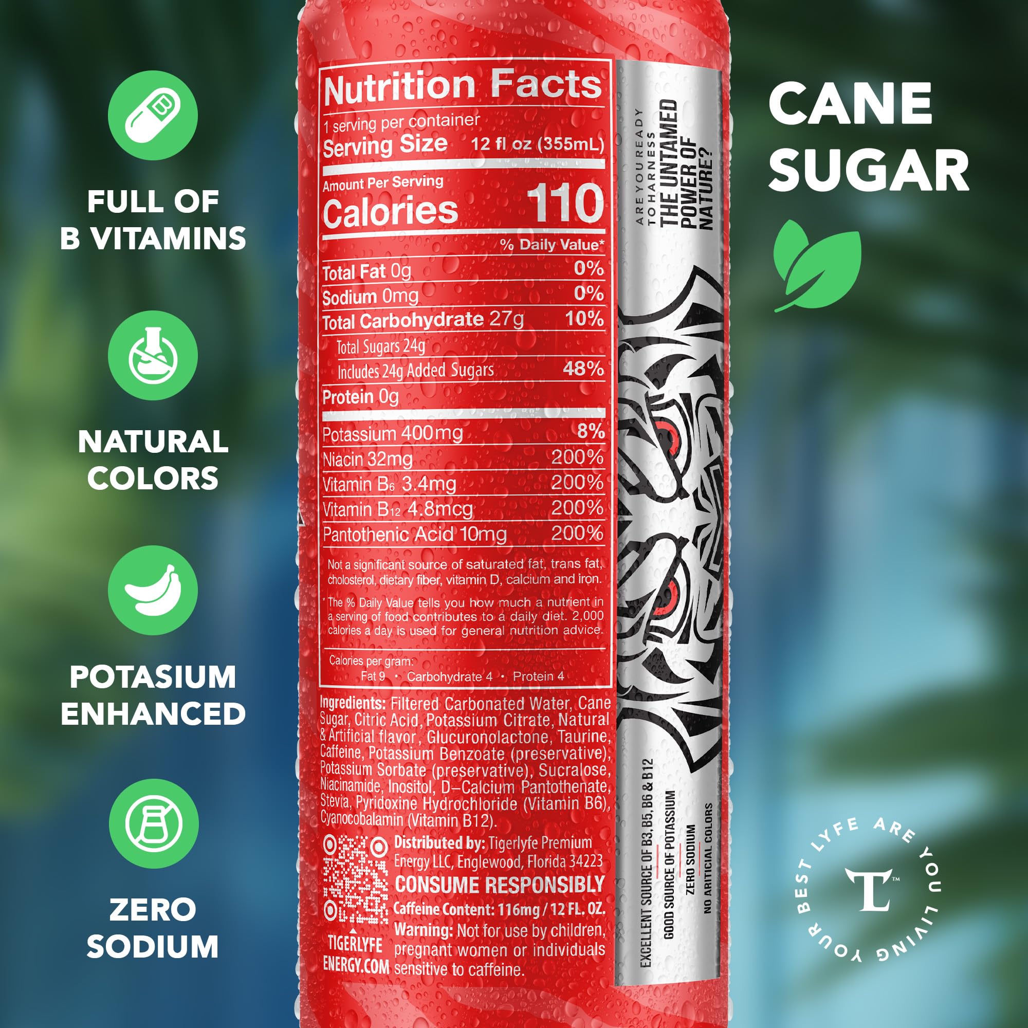 TIGERLYFE Energy Drink 12 Pack, 12oz Slim Cans, Energy Drinks Bulk with 24g Cane Sugar, 110 Calories Energy Drink for Energy & Focus, Zero Calorie