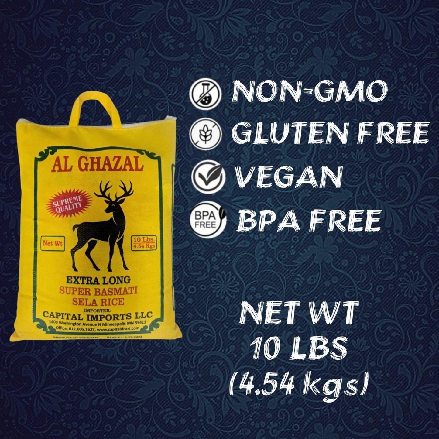 Al Ghazal Extra Long Super Basmati Sela Rice 10 Lbs / 4.54 kg, Non GMO, Extra Long Basmati Rice, White Rice, Vegan Dried Rice, BPA & Gluten Free, Zip Lock Bag, Non Sticky Grain