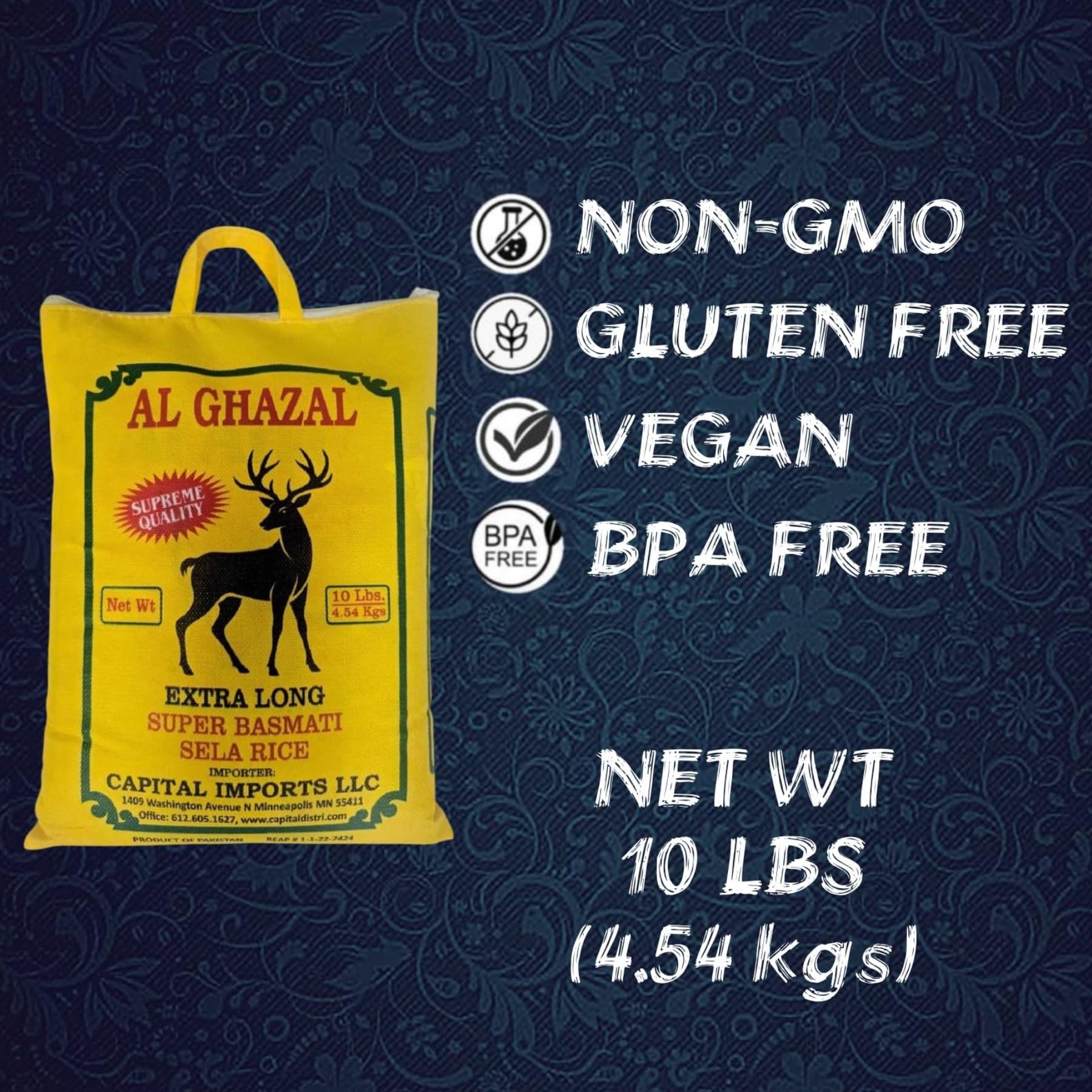 Al Ghazal Extra Long Super Basmati Sela Rice 10 Lbs / 4.54 kg, Non GMO, Extra Long Basmati Rice, White Rice, Vegan Dried Rice, BPA & Gluten Free, Zip Lock Bag, Non Sticky Grain