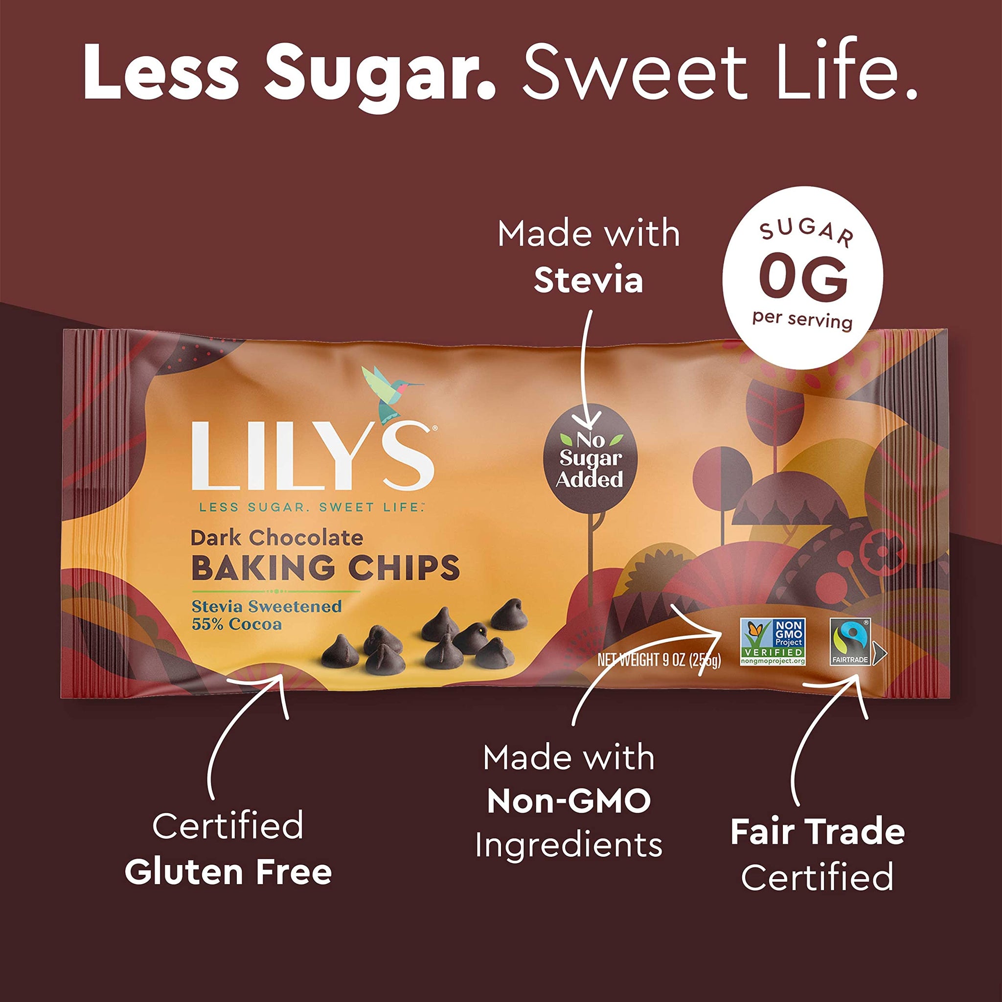 Dark Chocolate Chips by Lily's | Stevia Sweetened, No Added Sugar, Low-Carb, Keto Friendly | 55% Cocoa | Fair Trade, Gluten-Free & Non-GMO | 9 ounce, 3-Pack, Brown, 4001A3
