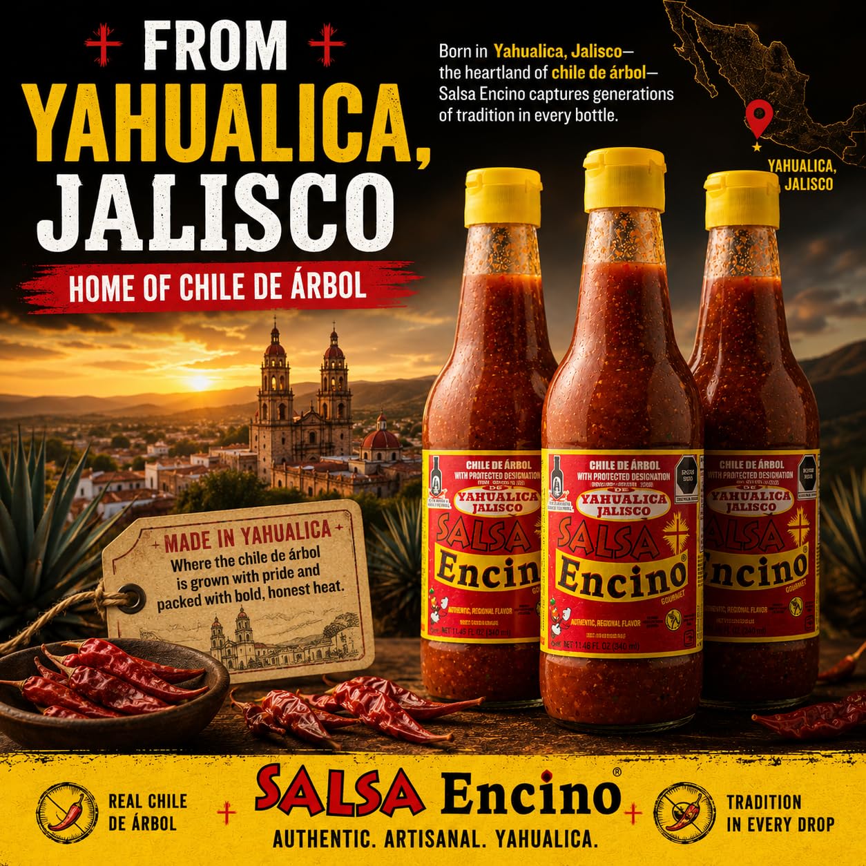 Salsa Encino Chile de Árbol Hot Sauce, Authentic Mexican Hot Sauce from Yahualica Jalisco, Stone-Ground & Naturally Fermented, Bold Heat for Wings