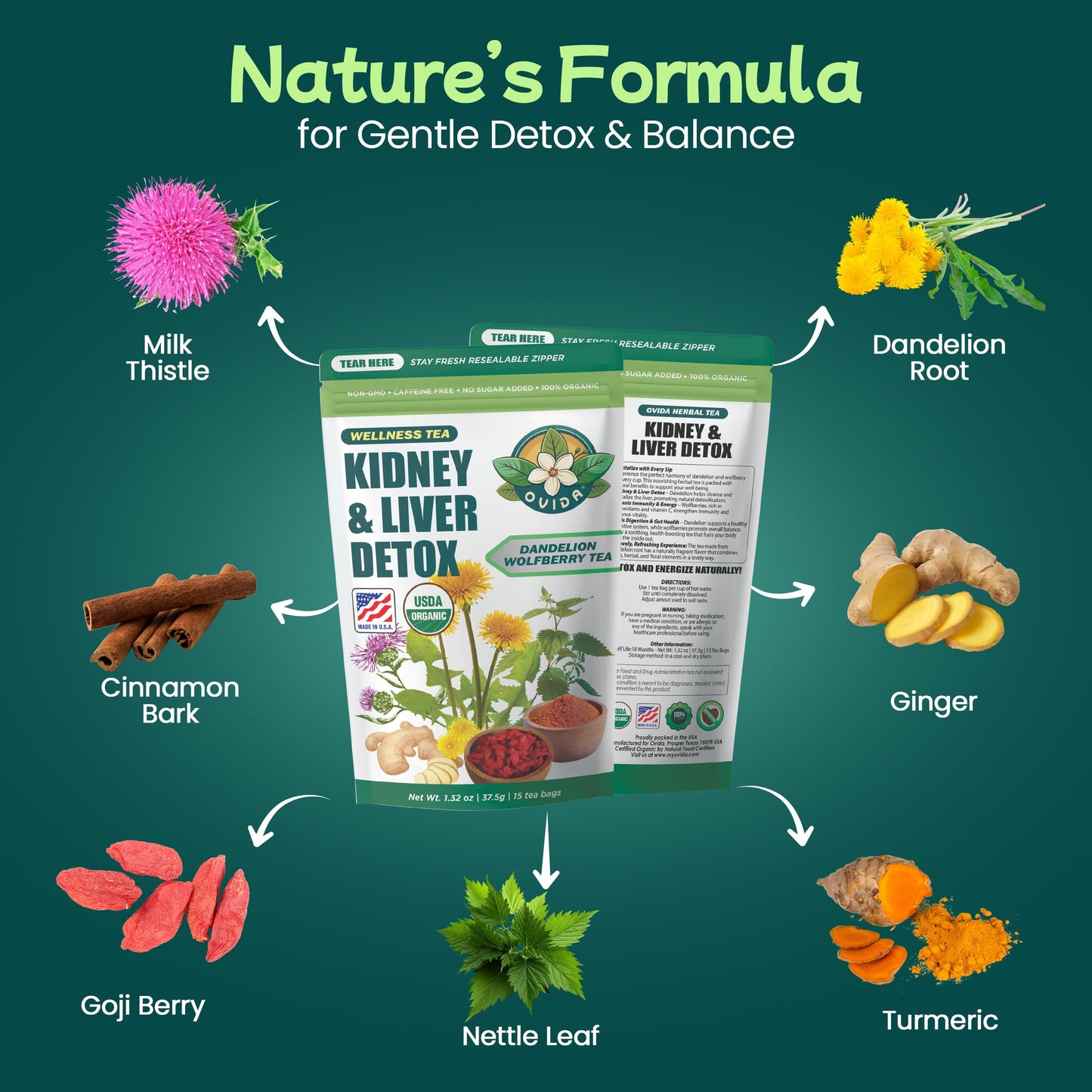 Ovida Dandelion Wolfberry Tea - Natural Kidneys & Liver Health Tea, Organic Herbal Tea with Milk Thistle, Turmeric & Goji Berry, Seven Herbal