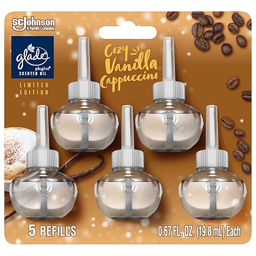 Glade PlugIns Refills Air Freshener, Scented and Essential Oils for Home and Bathroom, Cozy Vanilla Cappuccino, 3.35 Fl Oz, 5 Count