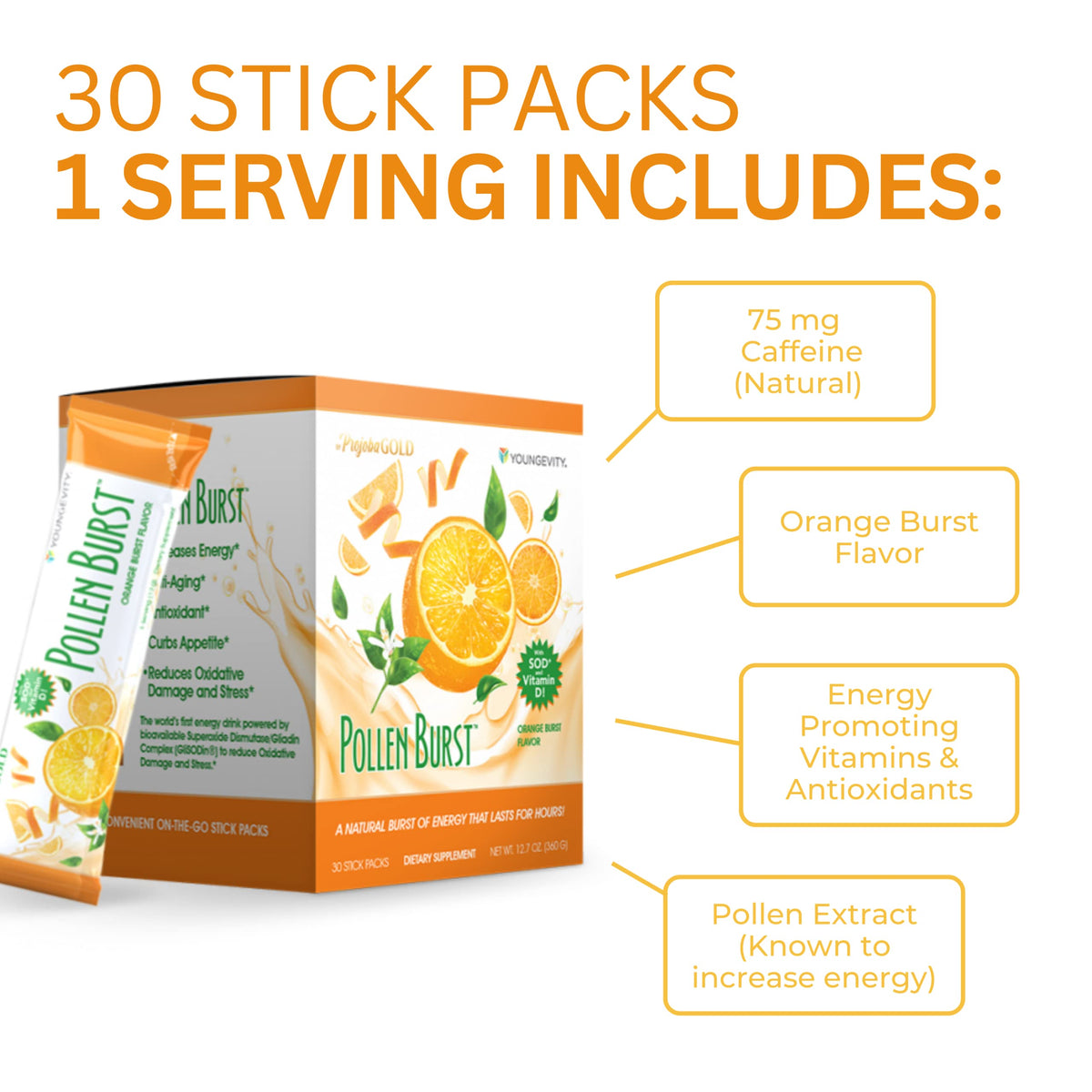 Youngevity ProJoba Pollen Burst Natural Energy Drink Mix, 30 Sticks, 2 Pack