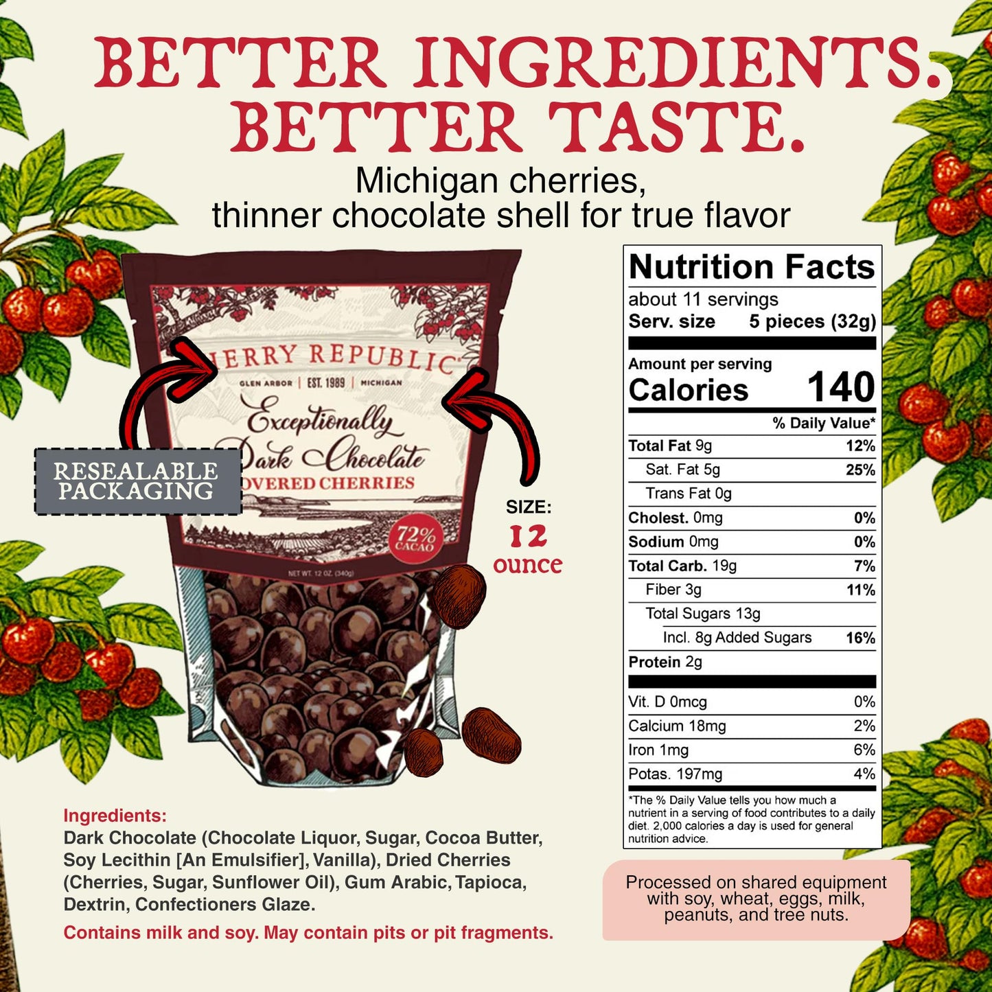 Cherry Republic Exceptionally Dark Chocolate Covered Cherries, 12 oz, Pack of 2 - Real Michigan Montmorency Tart Cherries with 72% Cacao, All-Natural