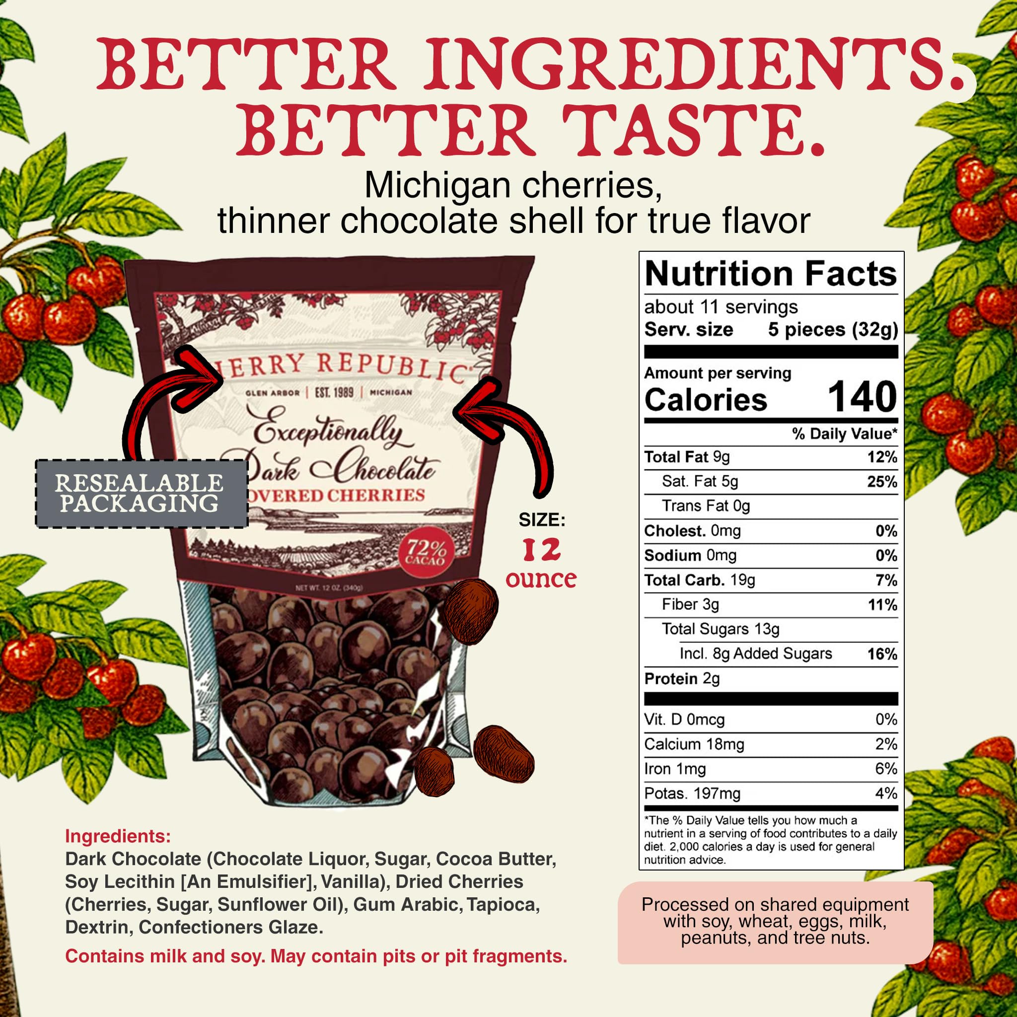 Cherry Republic Exceptionally Dark Chocolate Covered Cherries, 12 oz, Pack of 2 - Real Michigan Montmorency Tart Cherries with 72% Cacao, All-Natural