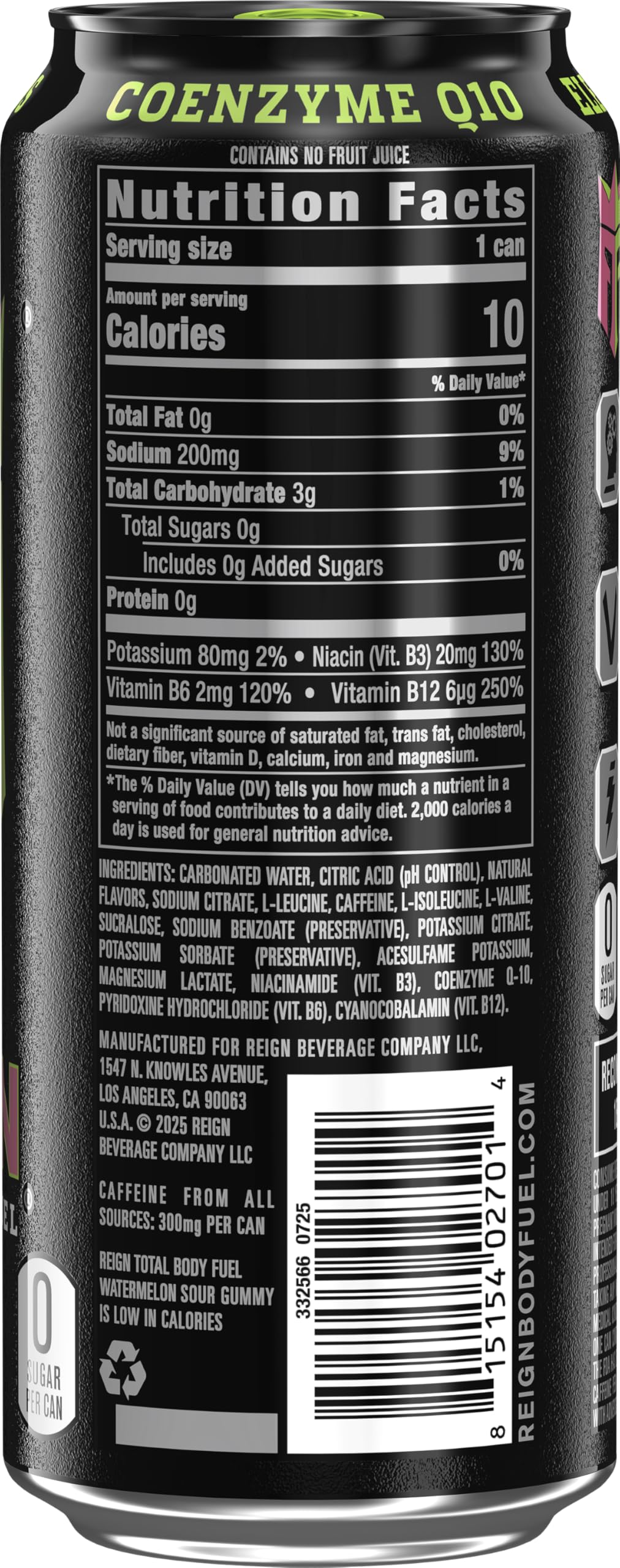 Reign Total Body Fuel, Watermelon Sour Gummy, Fitness & Performance Drink, 16 Fl Oz (Pack of 12)