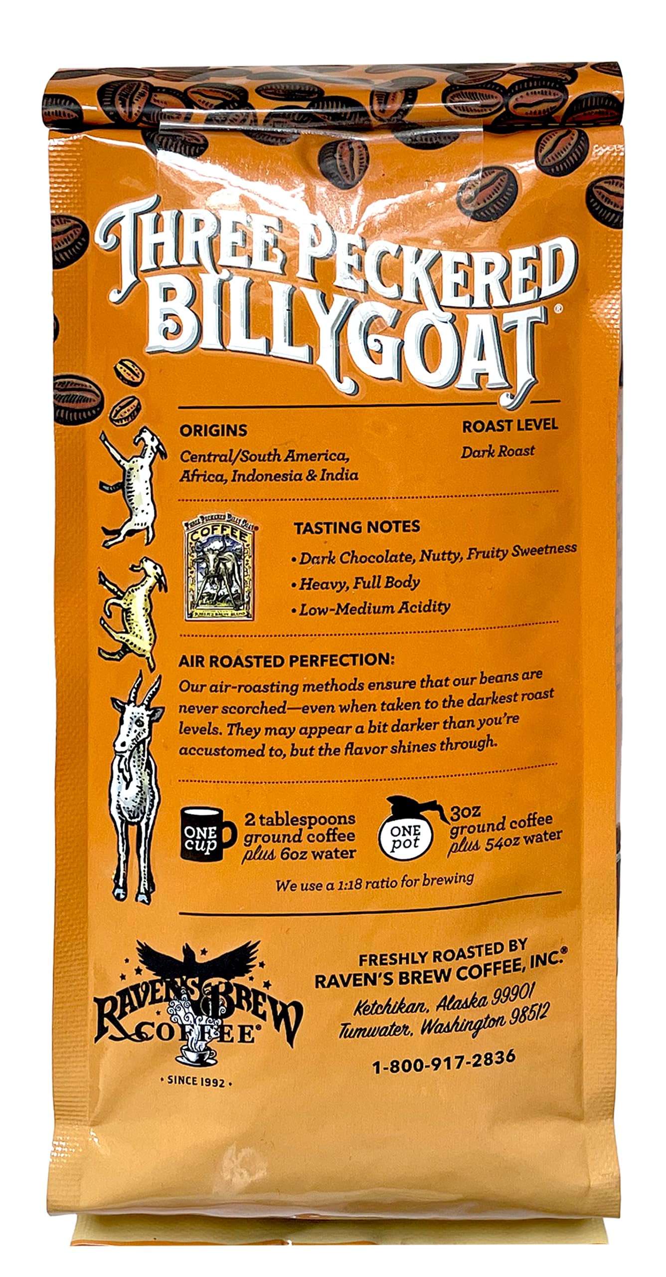 Raven’s Brew Coffee Bold Organic Coffee Dark Roast Ground - Organic Three Peckered Billy Goat 12oz