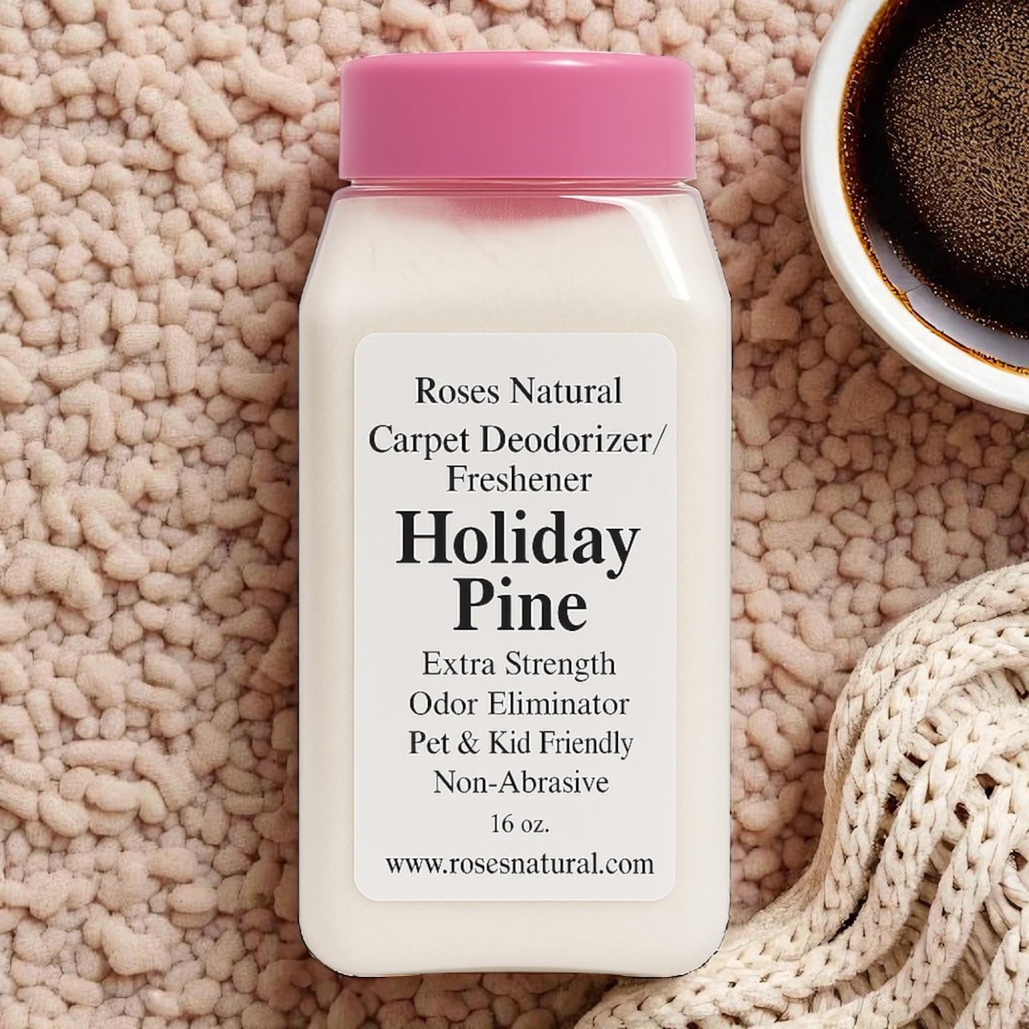 Roses Natural Carpet Deodorizer Powder - Holiday Pine, Long-Lasting Odor Eliminator, Plant-Based, Pet Friendly, 16 oz, Made in the USA