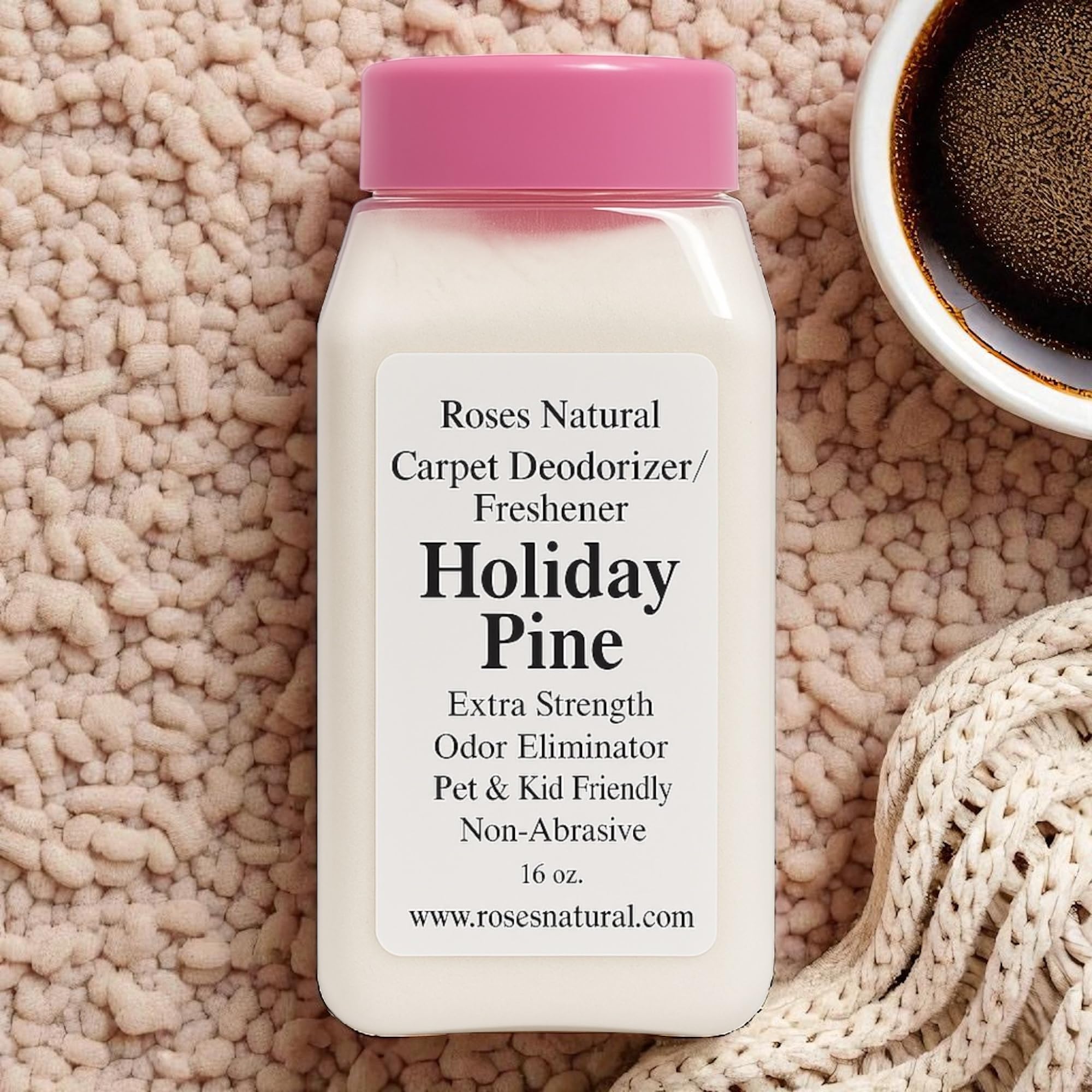 Roses Natural Carpet Deodorizer Powder - Holiday Pine, Long-Lasting Odor Eliminator, Plant-Based, Pet Friendly, 16 oz, Made in the USA