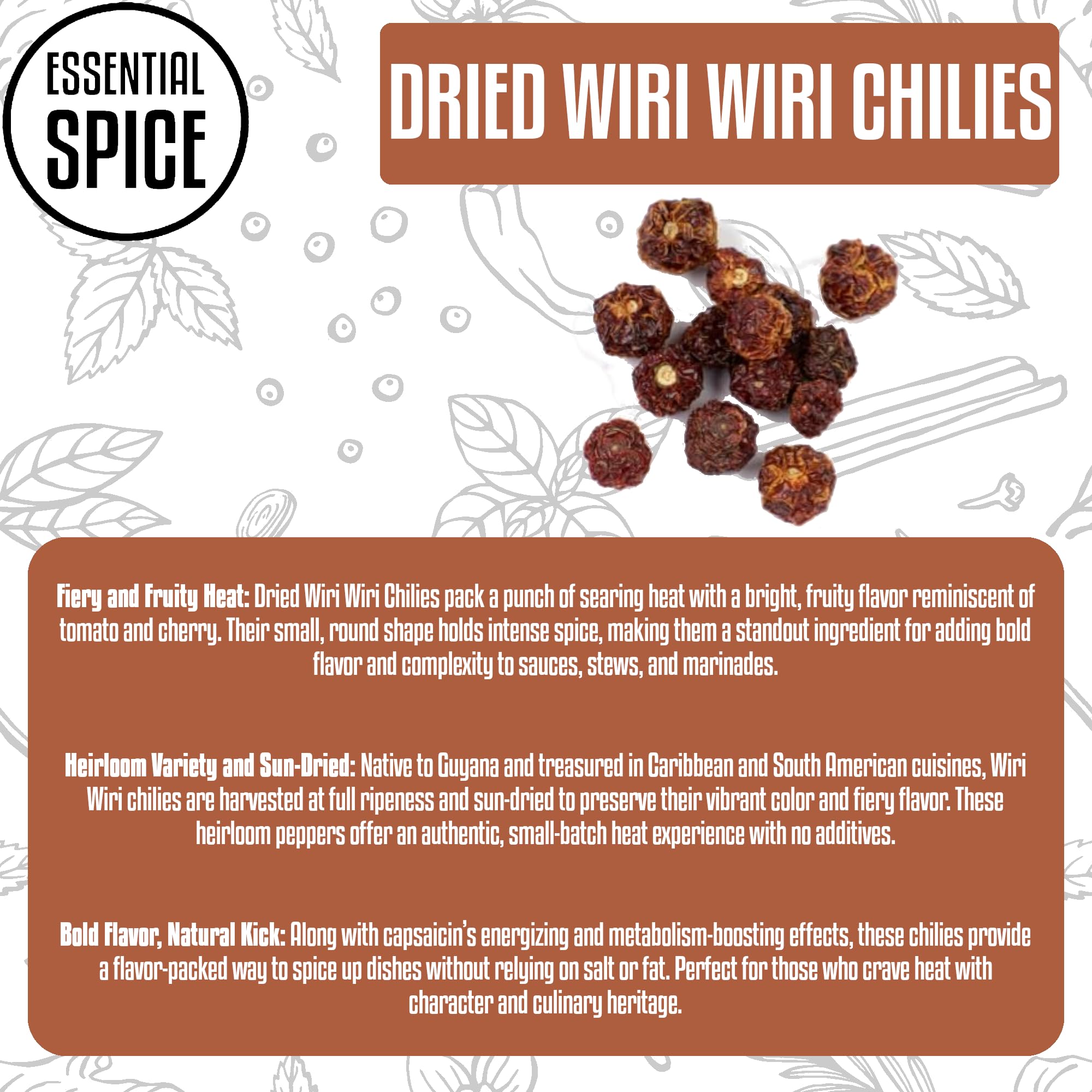Essential Spice Dried Wiri Wiri Chilies - Small But Fiery with Fruity, Tomato-Like Flavor - Whole Dried Guyanese Peppers for Hot Sauces, Pickling