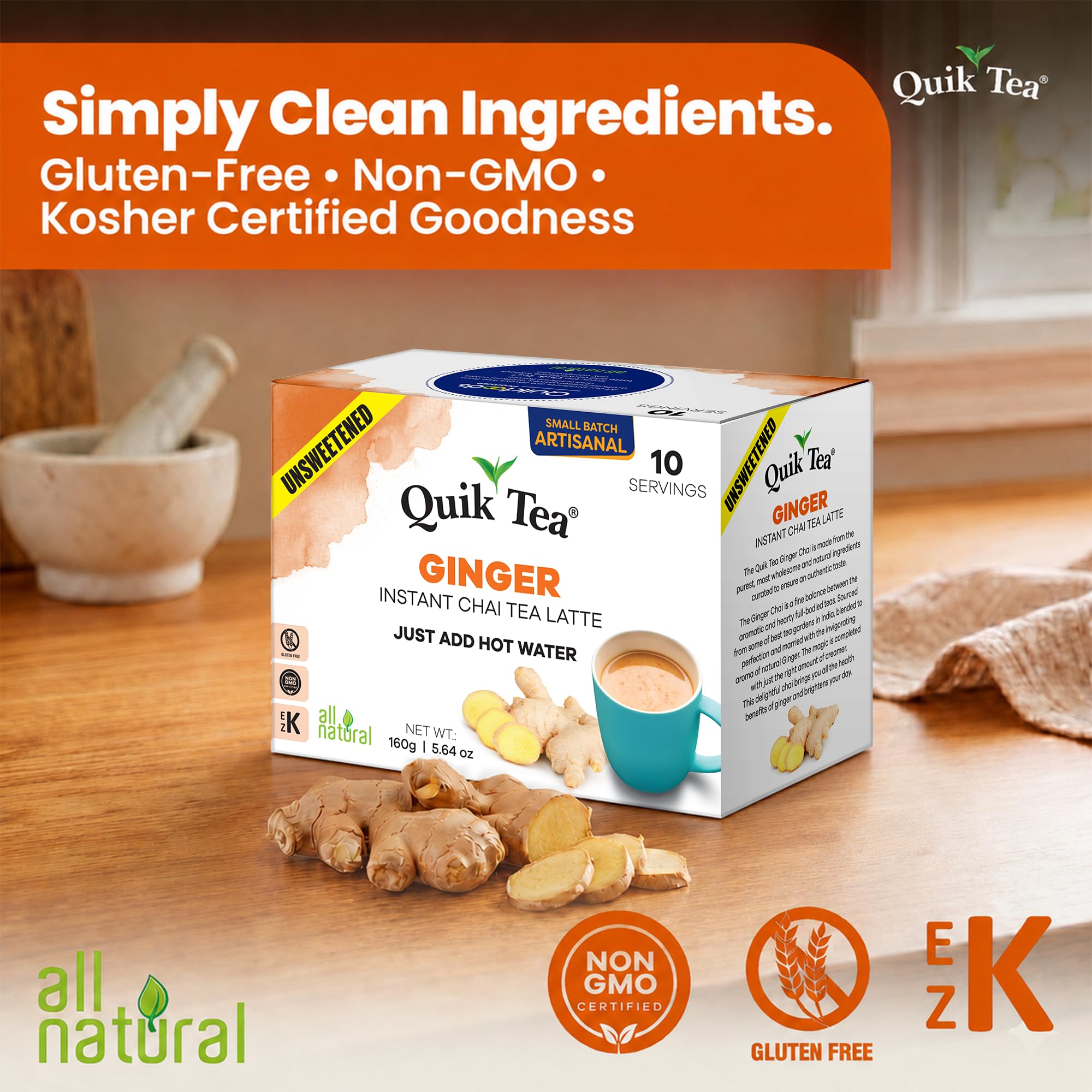 QuikTea Instant Ginger Chai Tea Latte Unsweetened, 10 Single-Serve Sachets, Artisanal Indian Chai Latte Mix, Just Add Hot Water, Low Caffeine