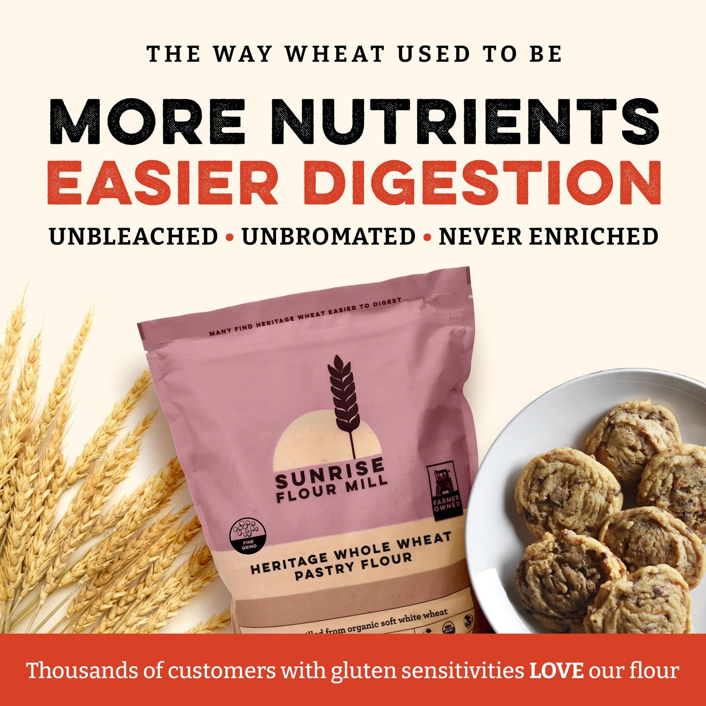 Sunrise Flour Mill USDA Organic Heritage Whole Wheat Pastry Flour - 2 lbs | Great for Gluten Sensitive People | Easier to Digest with Less Bloating |