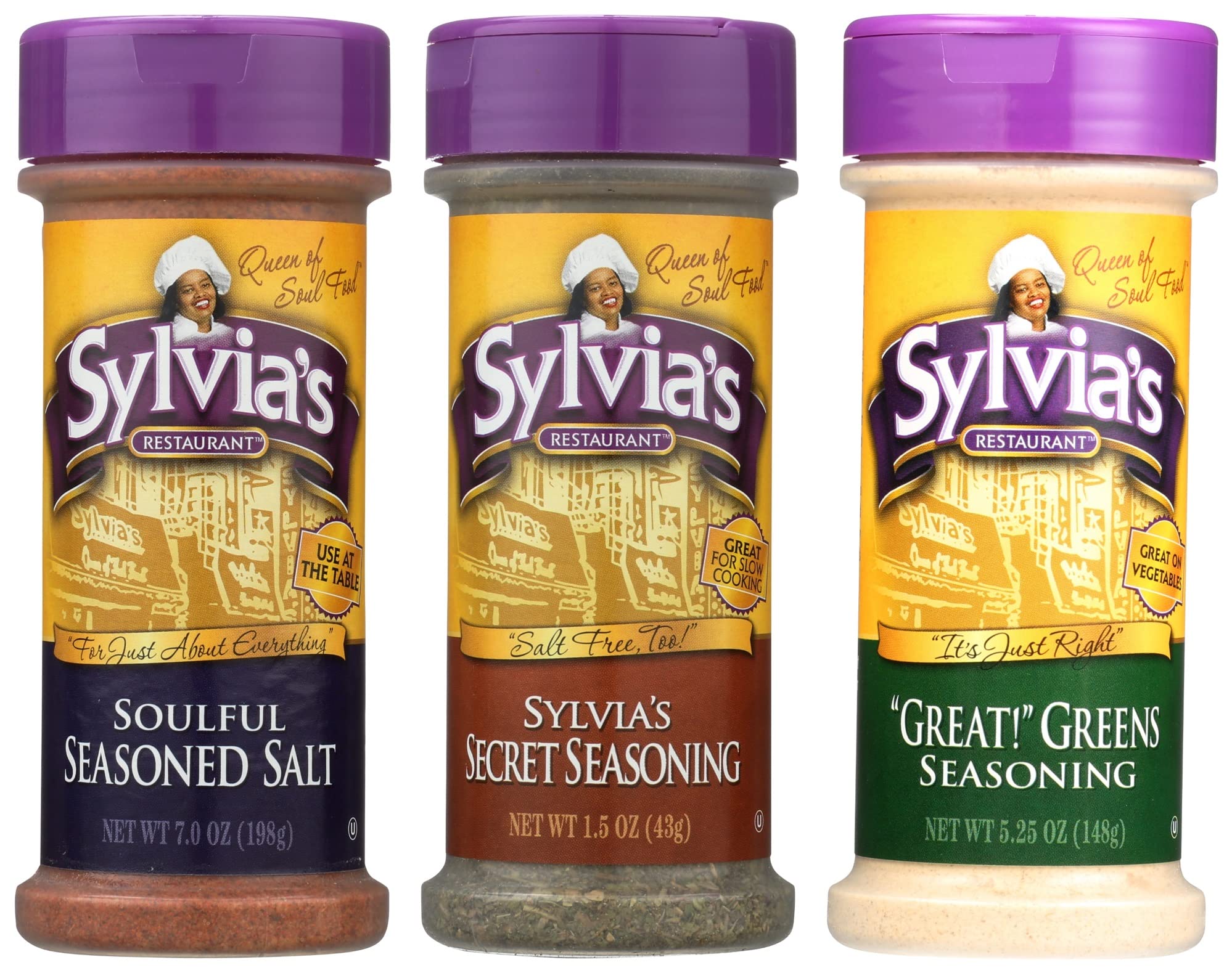 Sylvia's Seasoning Variety Pack, (Great! Greens 5.25oz, Soulful Seasoned Salt 7oz, and Secret Seasoning 1.5oz) 3 Containers