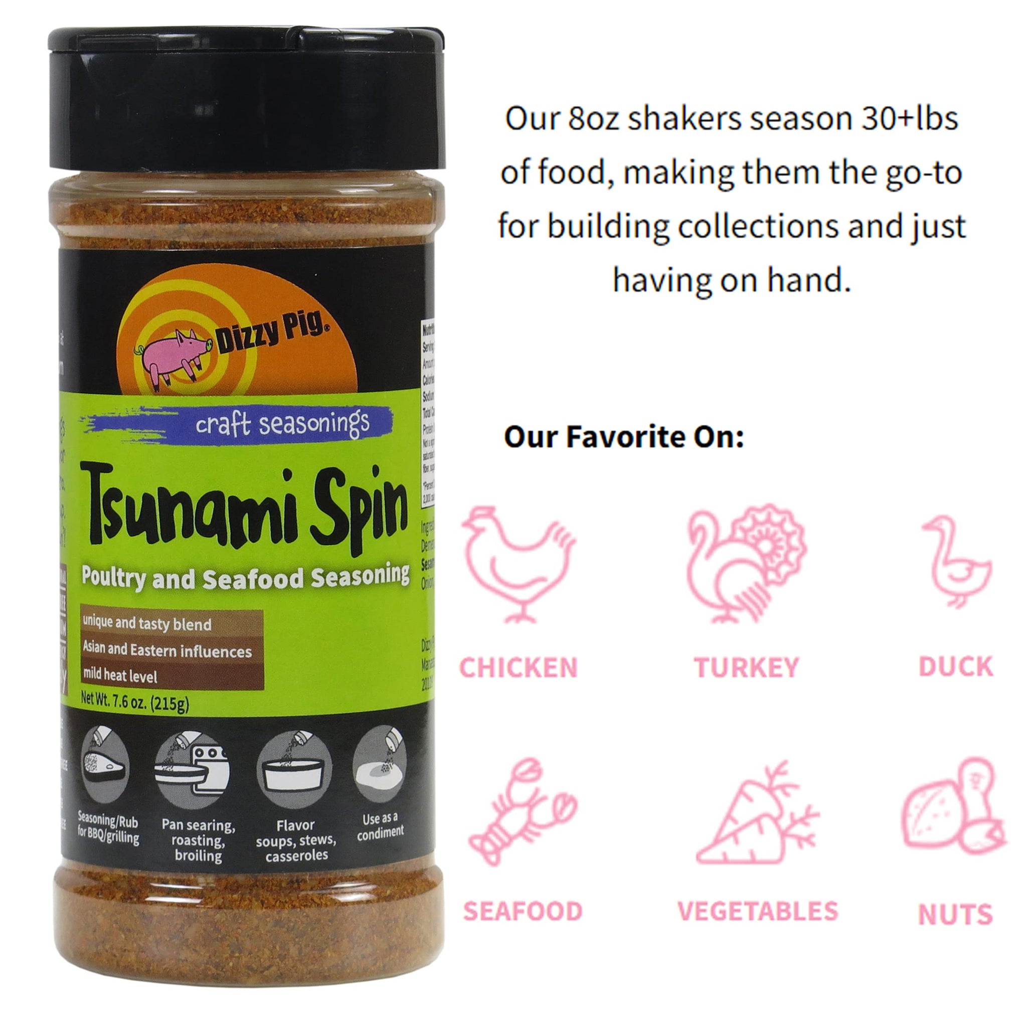 Dizzy Pig Tsunami Spin Asian Fusion Seasoning Rub (8oz Shaker) - Seasons 30+lbs of Food - Hand Made in the USA - MSG Free, Gluten Free