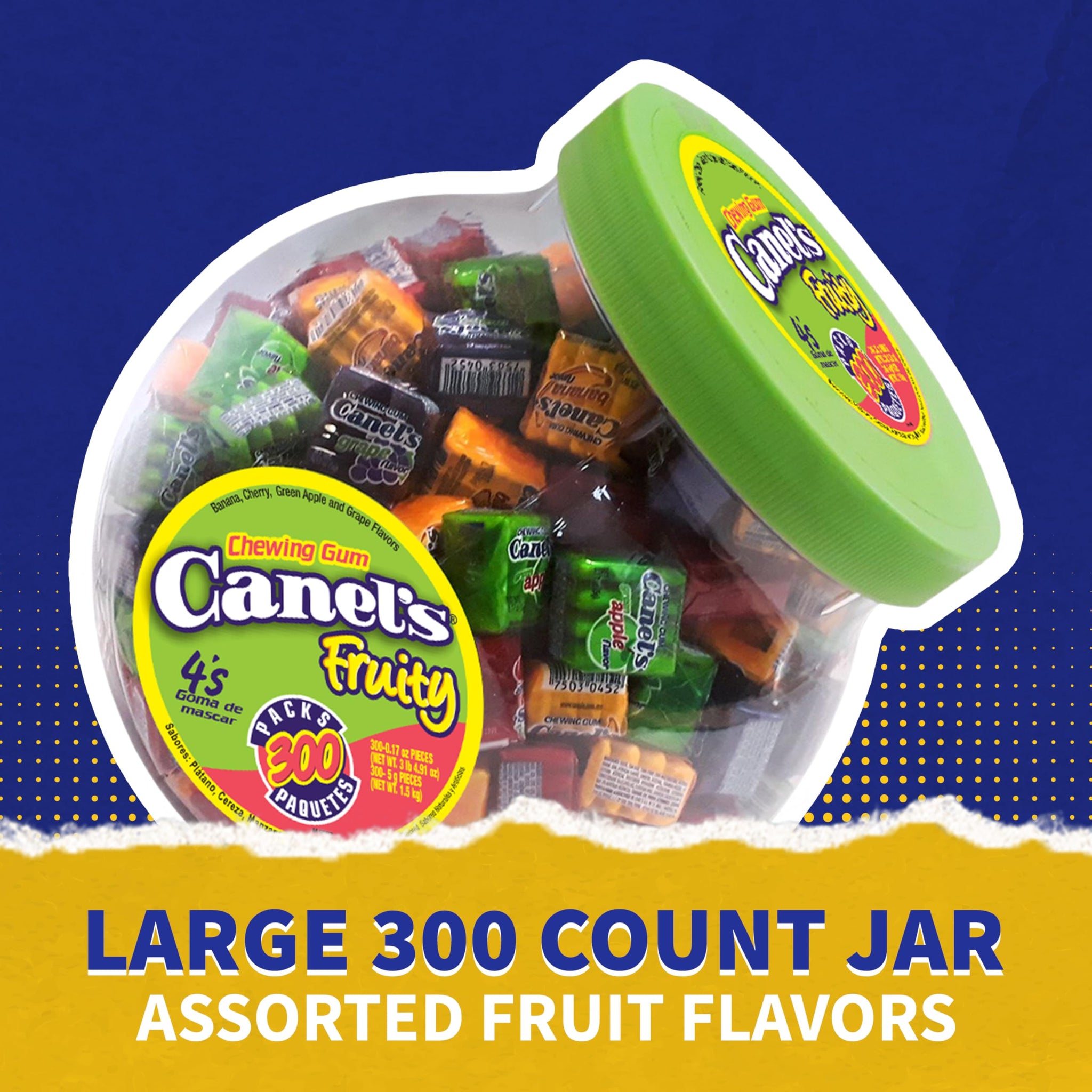 Canel’s Fruit Flavor Chewing Gum, 4 Piece Packs with Cherry, Banana, Grape, and Apple, for Parties and Sharing, 300 Count Jar (Pack of 1)
