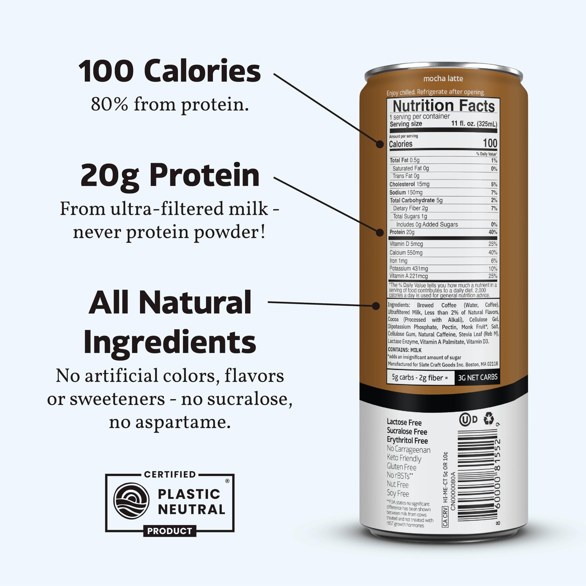 Slate Milk - High Protein Iced Coffee - Mocha Latte - 175mg Caffeine, Lactose Free Energy - 20g Protein, 1g Sugar, 100 Calories, 3g Net Carbs, No