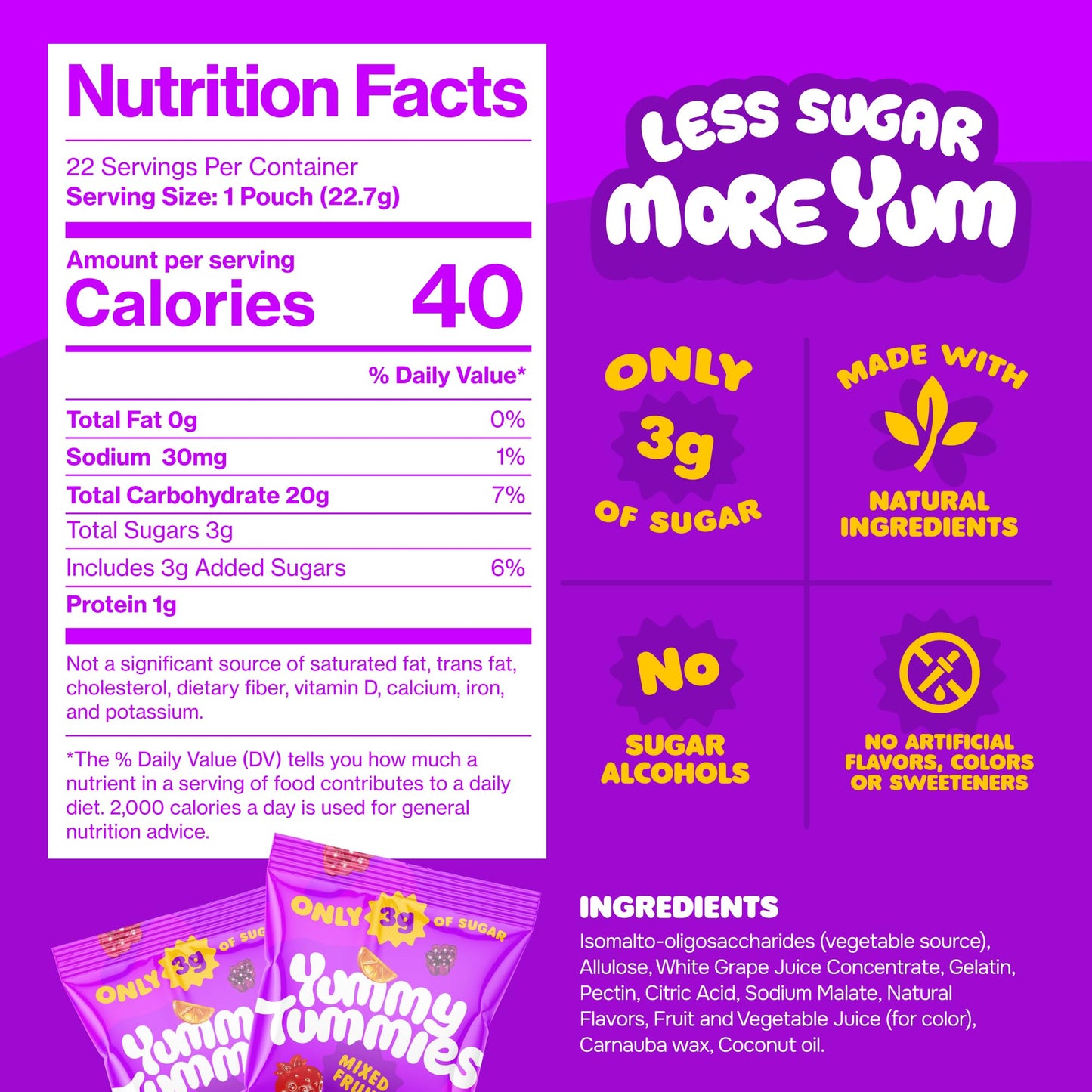 Yummy Tummies Low Sugar Fruit Snacks, 3g Sugar Per Pouch, 0.8 oz (Pack of 22)